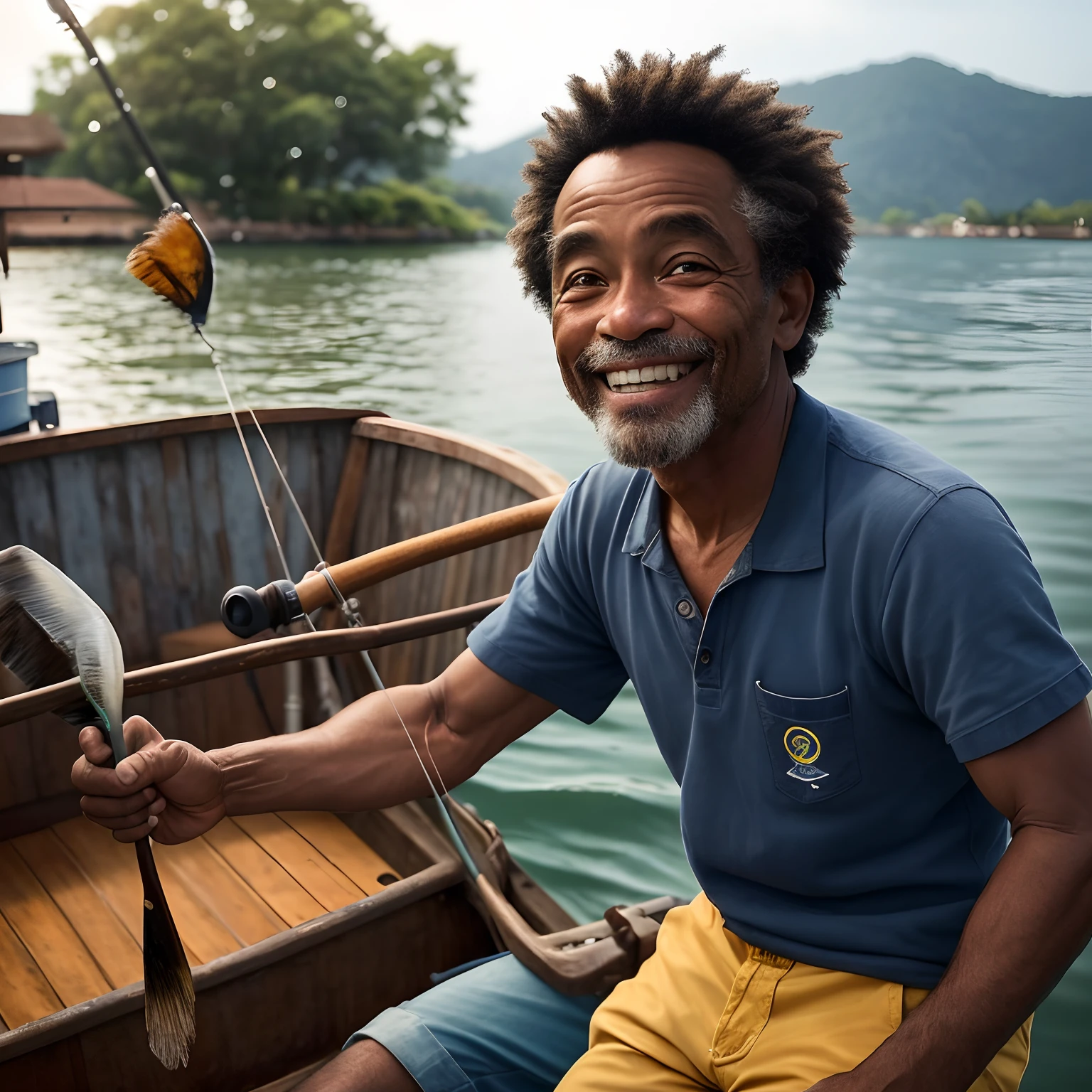 Crie uma arte no estilo pixar de um jovem, homem brasileiro de pele clara na casa dos 40 anos, com cabelo curto preto ondulado, um pouco arredondado, rosto sem barba, Small eyes and a happy expression, He's on a boat fishing with a fishing rod