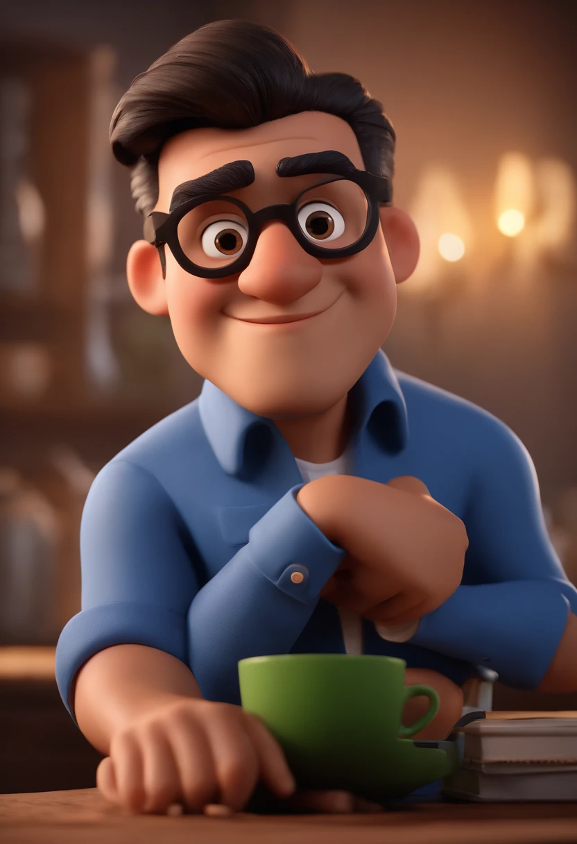 Cartoon character of a man with black glasses and a blue shirt, animation character, Caractere estilizado, animation style rendering, 3D estilizado, Arnold Maya render, 3 d render stylized, toon render keyshot, Personagem 3D, Personagem 3D, 3d rendering stylized, 3 d character render, personagem de desenho animado, Personagem de close up, Pose de personagem,  (Estilo Pixar) (master part:1.2) (Bokeh) (best quality) (pele detalhada) (textura detalhada) (8k) (argila) (Cinematic lighting) (foco nítido