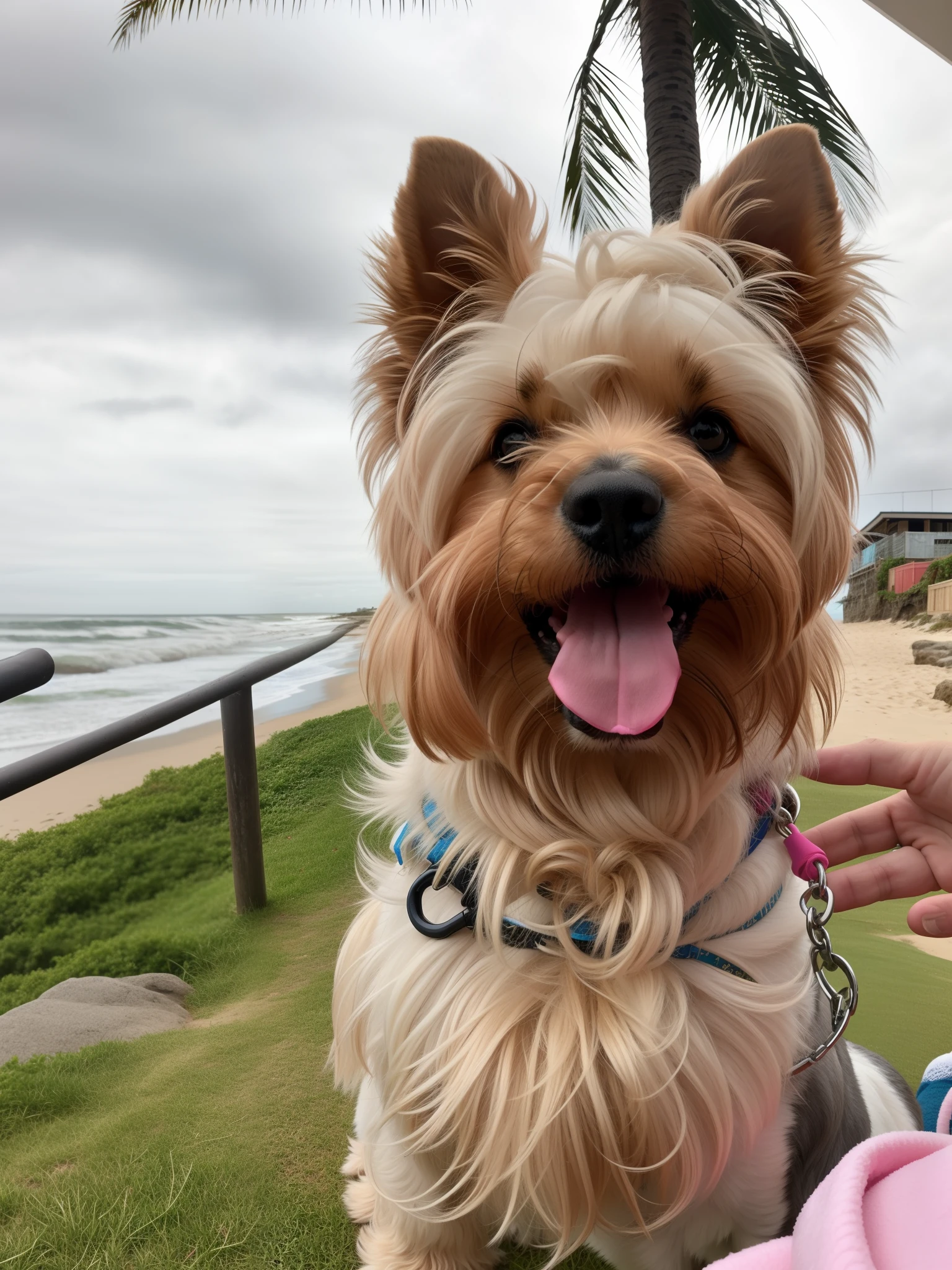 There is a dog that is sitting on a leash by the water, Yorkshire Terrier, olhar desleixado, segurando seu Yorkshire Terrier, com rostos molhados!!, pele molhada e cabelo soprado pelo vento, selfie of a dog, aw, Tongue out, na praia, super cute and friendly, dia ventoso, feliz com a boca aberta, with his hyperactive little dog, manly