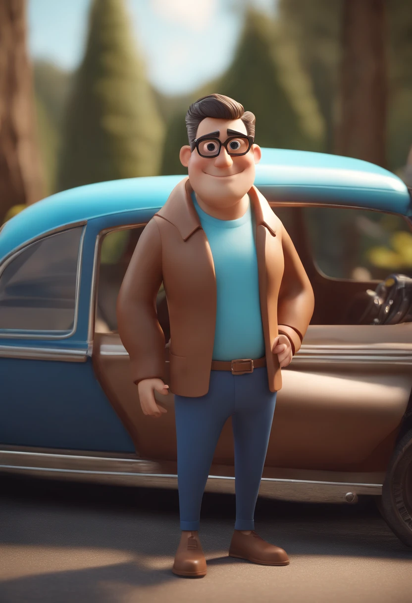 Cartoon character of a man with black glasses, cabelo cacheado marrom escuro e uma camisa azul, animation character, Caractere estilizado, animation style rendering, 3D estilizado, Arnold Maya render, 3 d render stylized, toon render keyshot, Personagem 3D, Personagem 3D, 3d rendering stylized, 3 d character render, personagem de desenho animado, Personagem de close up, Pose de personagem, (Estilo Pixar) (master part:1.2) (Bokeh) (best quality) (pele detalhada) (textura detalhada) (8k) (argila) (Cinematic lighting) (foco nítido