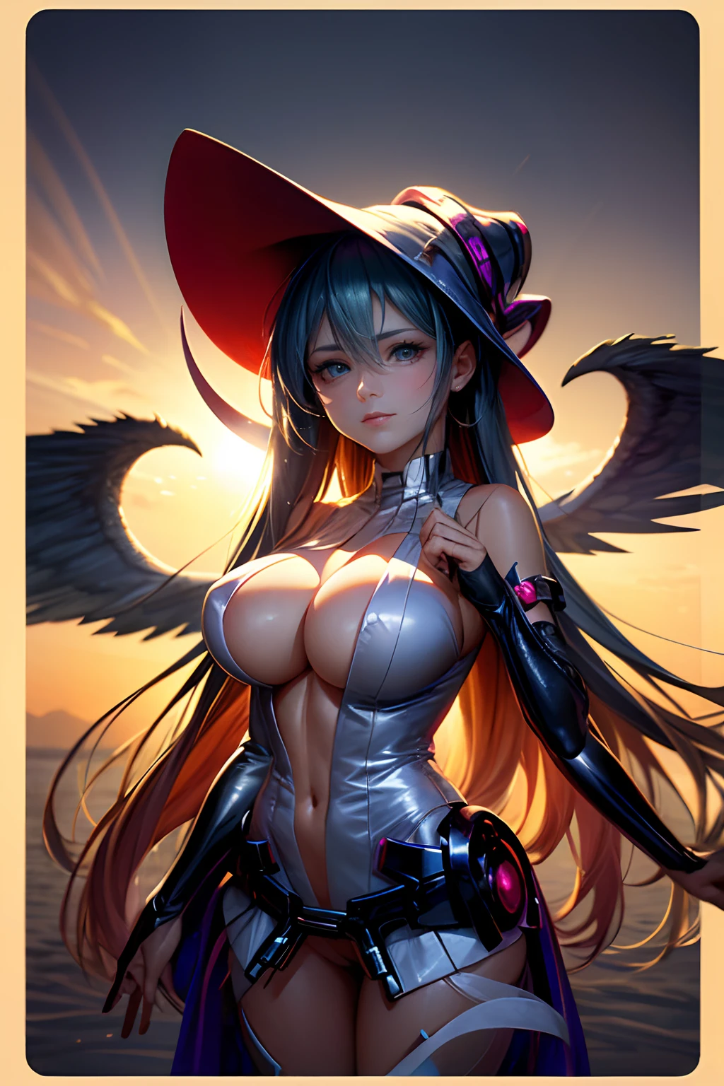 (Obra maestra:1.2), (La mejor calidad:1.2), Perfect lighting, Chica Maga Oscura lanzando un hechizo, flotando en el aire, tetas grandes, escote, fondo de magia. Corazones transparente en el hambiente, blue robe, sombrero grande, desde arriba, Destellos, Yugioh Card en el fondo