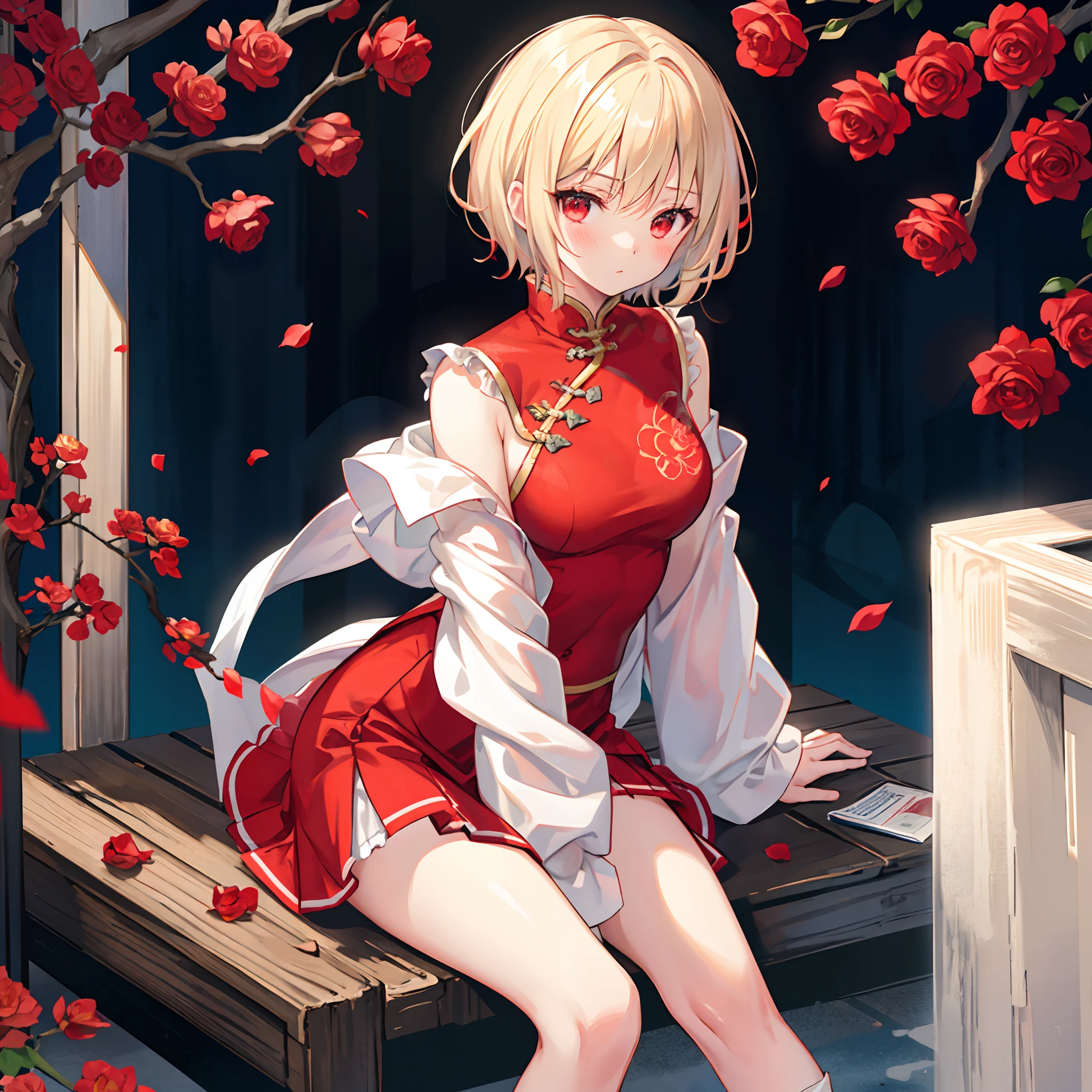short blond hair、Red-eyed girl、Sitting surrounded by roses、red blush、a miniskirt、chinese clothes