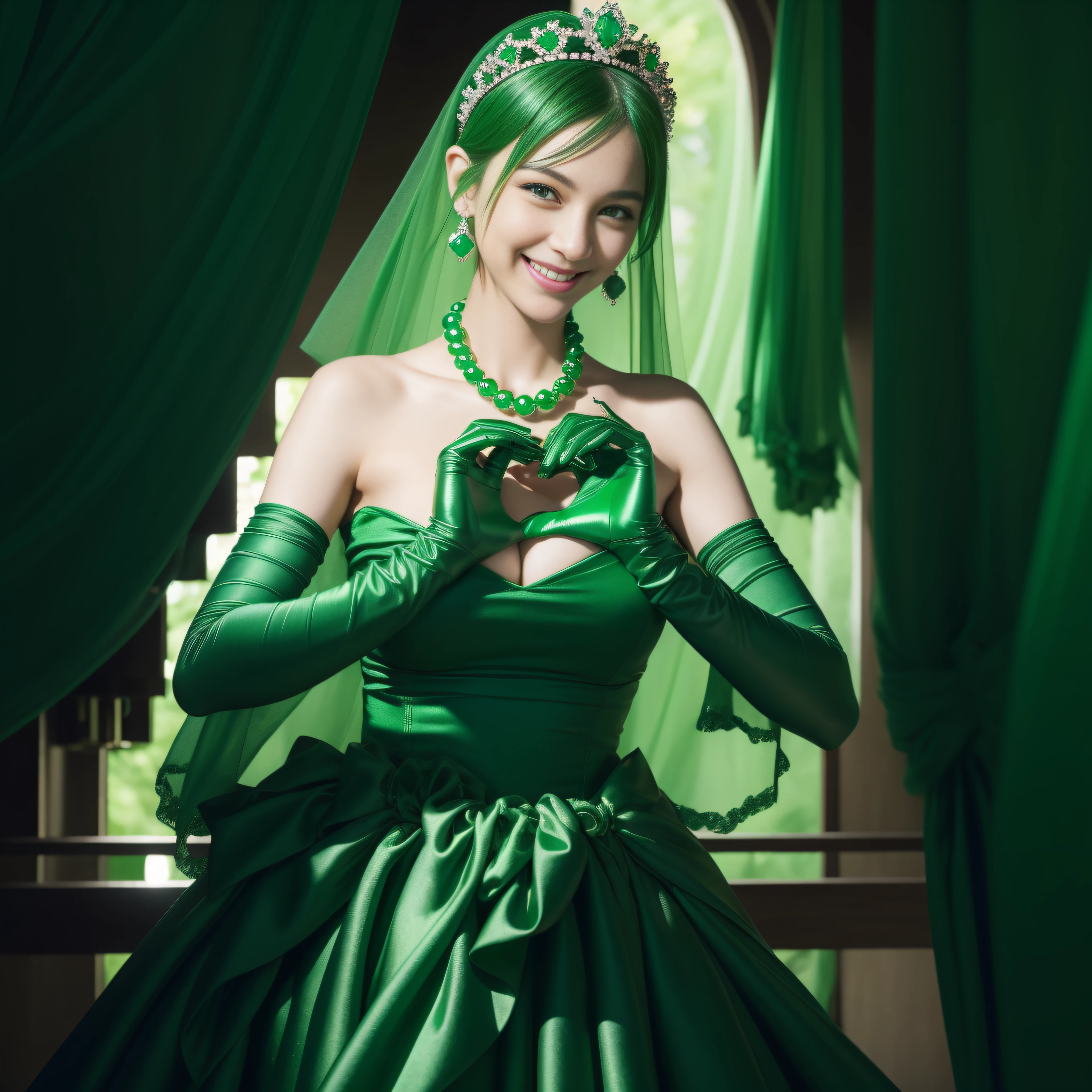 emerald tiara, Green Pearl Necklace, Boyish very short green hair, lipsticks, Japan woman smiling, very short short hair, big breasts beautiful, Green eyes, Long green gloves made of satin material, Green eyes, Emerald Earrings, green vale, Heart with both hands