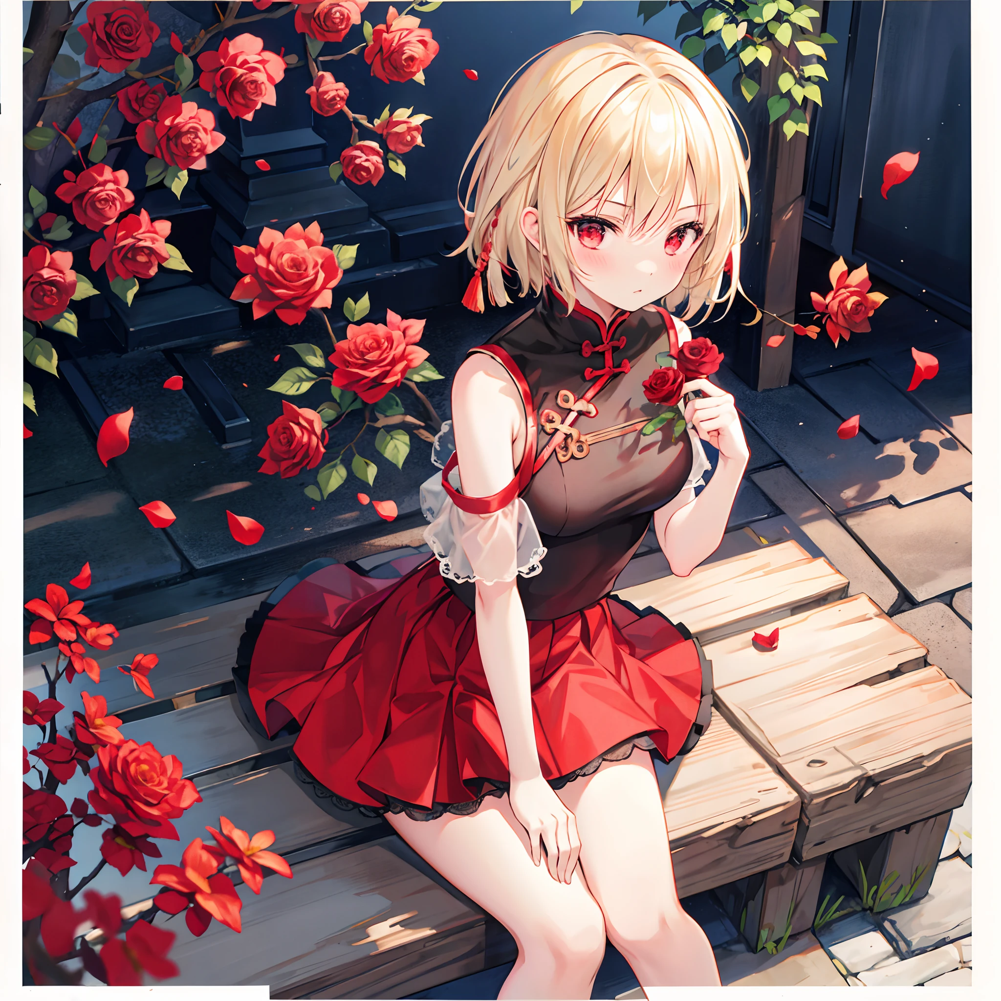 short blond hair、Red-eyed girl、Sitting surrounded by roses、red blush、a miniskirt、chinese clothes