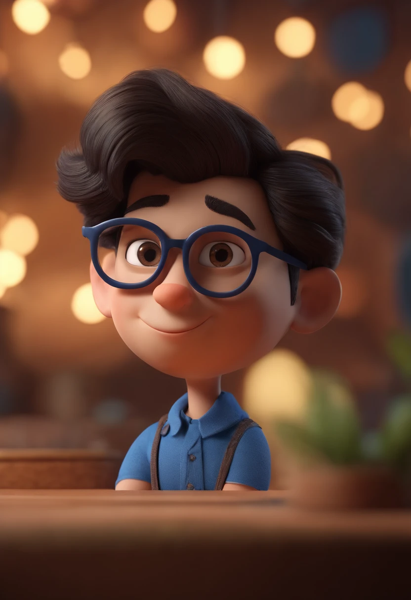 Cartoon character of a man wearing black glasses and a blue shirt, um personagem animado, Caractere estilizado, animation style rendering, 3D estilizado, Arnold Maya render, 3 d render stylized, toon render keyshot, Personagem 3D, Personagem 3D, 3d rendering stylized, 3 d character render, personagem de desenho animado, Personagem de close up, Pose de personagem, (Estilo Pixar) (master part:1.2) (Bokeh) (best quality) (pele detalhada) (textura detalhada) (8k) (argila) (Cinematic lighting) (foco nítido，Senta e vaza a parte superior do corpo