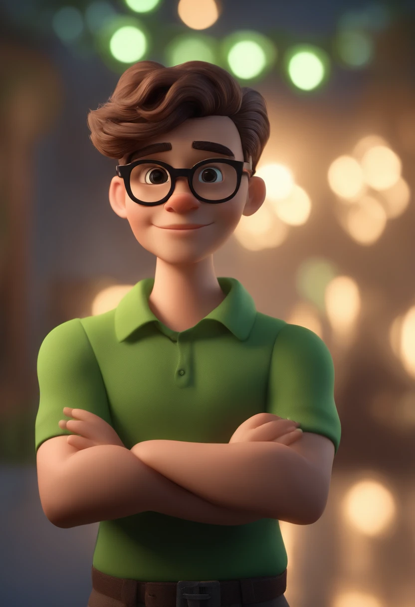 Cartoon character of a 22-year-old man wearing black prescription glasses and a green shirt, animation character, Caractere estilizado, animation style rendering, 3D estilizado, Arnold Maya render, 3 d render stylized, toon render keyshot, Personagem 3D, Personagem 3D, 3d rendering stylized, 3 d character render, personagem de desenho animado, Personagem de close up, Pose de personagem, (Estilo Pixar) (master part:1.2) (Bokeh) (best quality) (pele detalhada) (textura detalhada) (8k) (argila) (Cinematic lighting) (foco nítido
