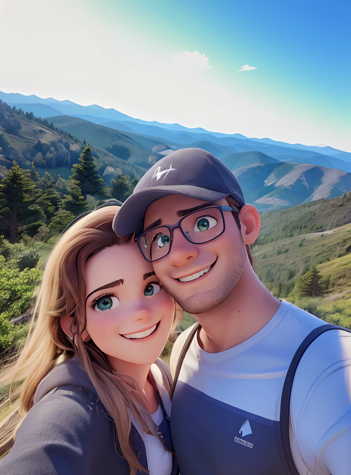 Casal apaixonado tirando selfie nas montanhas, olhos detalhados, fotorrealista, Detailed cap, foto 4k hd, ambos sorrindo, sem reflexo, ambiente com profundidade de luz e sombra.