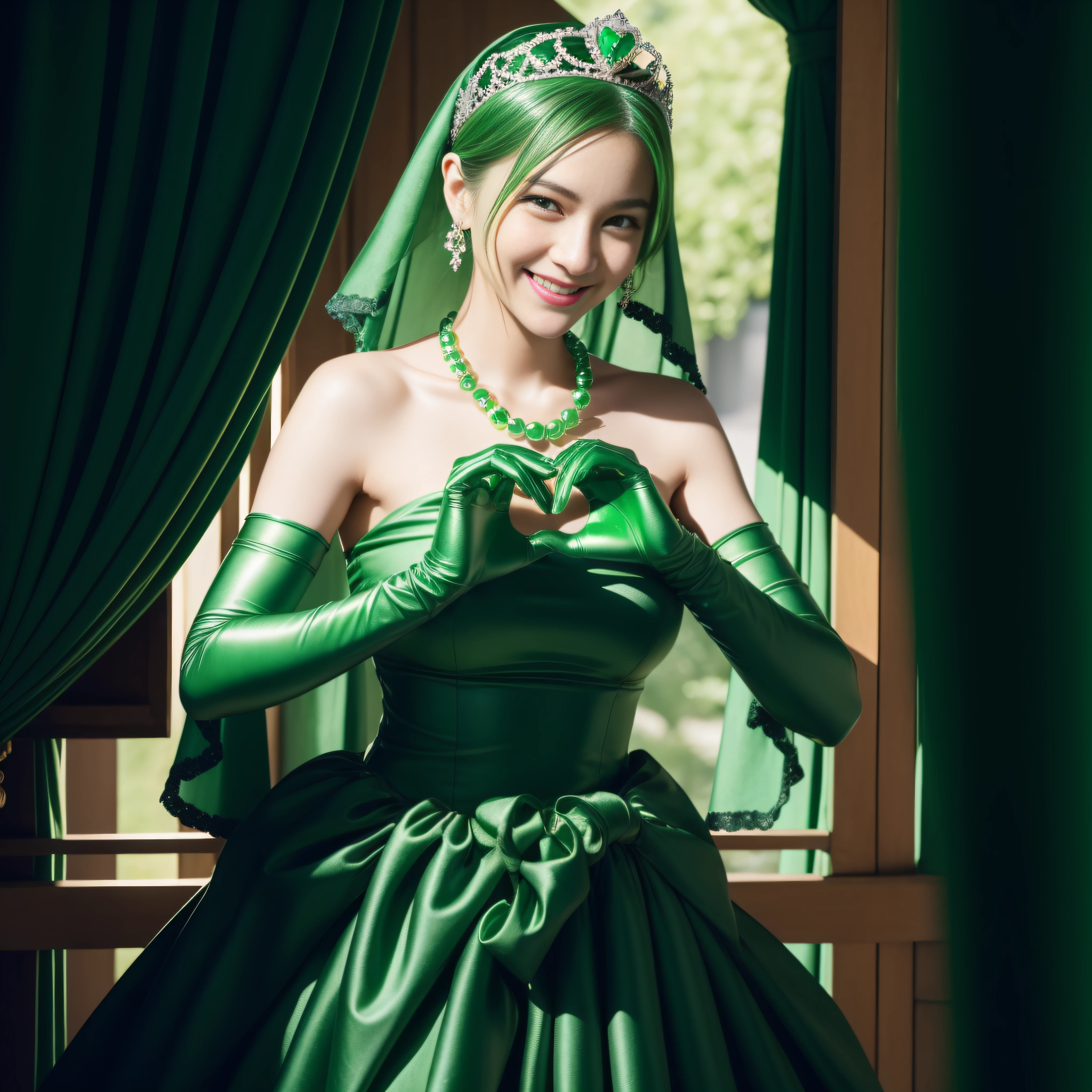 emerald tiara, Green Pearl Necklace, Boyish very short green hair, lipsticks, Japan woman smiling, very short short hair, big breasts beautiful, Green eyes, Long green gloves made of satin material, Green eyes, Emerald Earrings, green vale, Heart with both hands