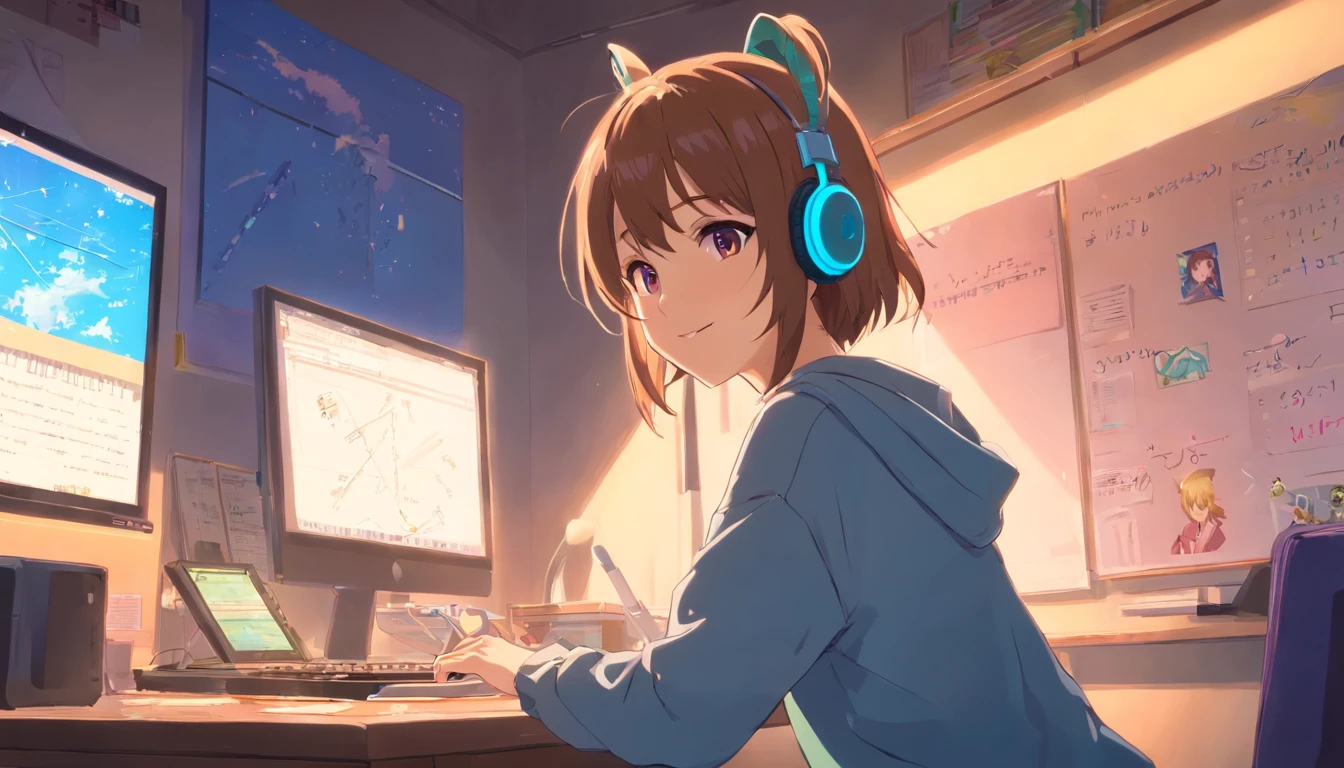 Anime girl sitting at desk,with headphones on, Lofi art, 零 hip hop, (Masterpiece), (Best quality), (Ultra detailed),(illustration), (1girll), 裸露的女生, Smiling, Beautiful detailed eyes, Pink eyes, Detailed beautiful face, focus onface, pony tails, detailed hairs, bangs, BEST lighting, Best shadow, Highly detailed, vibrant