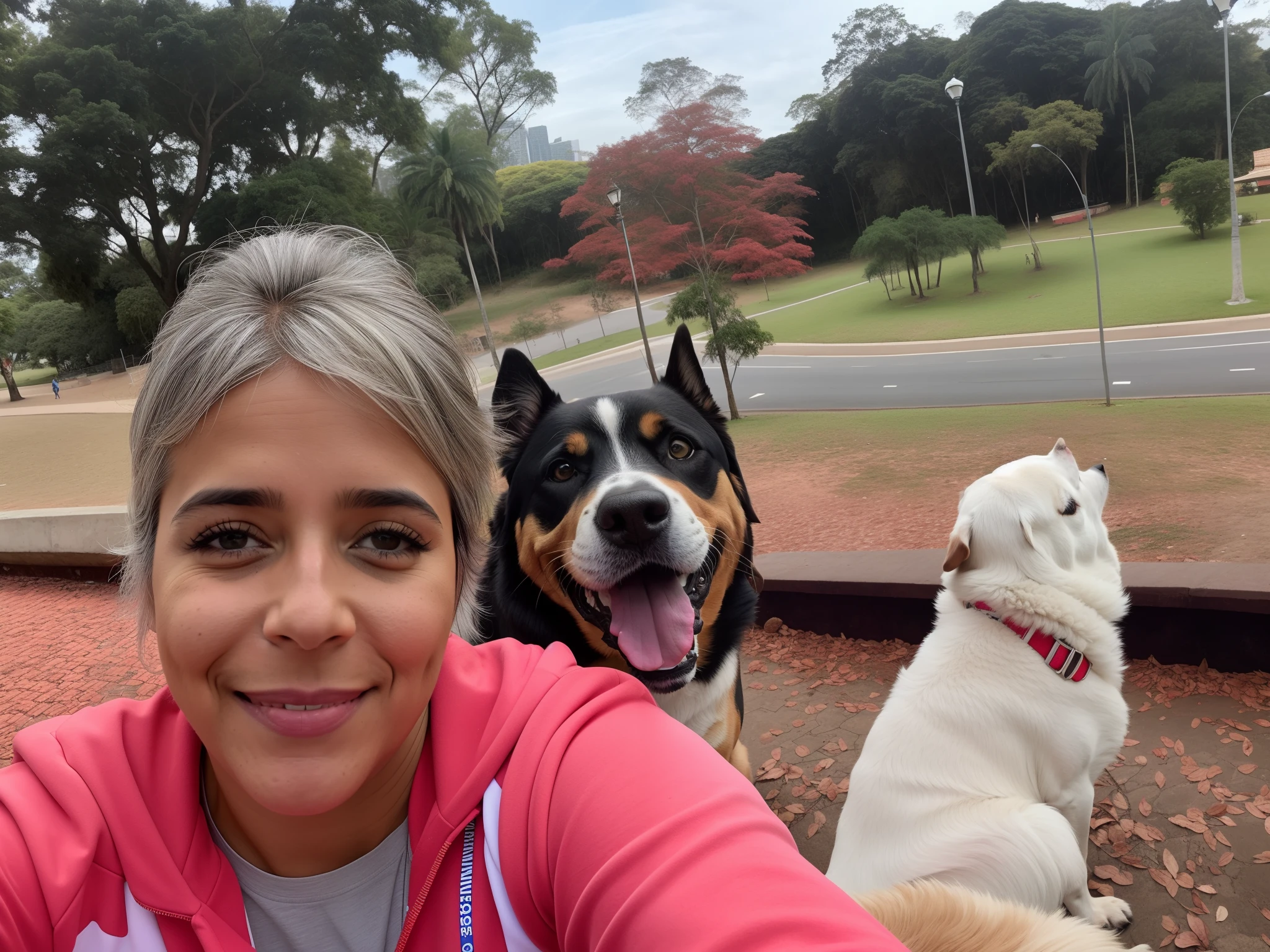 There's a woman taking a selfie with two dogs, with dogs, Directed by: Nandor Soldier, selfie of a dog, with stray dogs, Directed by: Felipe Seade, em um parque, happily smiling at the camera, com rostos molhados!!, com um parque ao fundo, In Sao Paulo, no parque, divertindo-se, acidentalmente tirar uma selfie