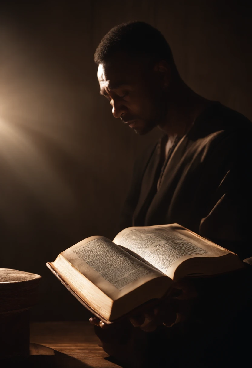 Create an image that shows an open Bible with light pouring over the text, simbolizando a busca pela verdade. A Man Is Reflecting Next To The Bible, Demonstrating Introspection on Faith. melhor qualidade, master part, Altas, 1dragon,corar, Efeito Tyndall,fotorrealista, Dark Studio, Rim lighting, dual-tone lighting,(pele altamente detalhada:1.2), 8k UHD, DSLR, soft lighting, alta qualidade, Volumetric lighting, candid, fotografia, high resolution, 4k, Bokeh