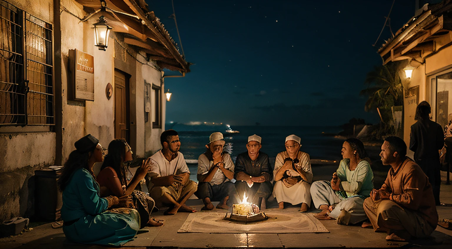 Crie uma cena calorosa na cidade, onde os habitantes, Previously skeptical, Now gather around the fisherman. Describe the change in your looks, From disbelief to reverence. Paint the picture of the city lit up by gratitude, com os habitantes erguendo seus olhares para o oceano com respeito, acknowledging the spiritual connection the fisherman shared with them.