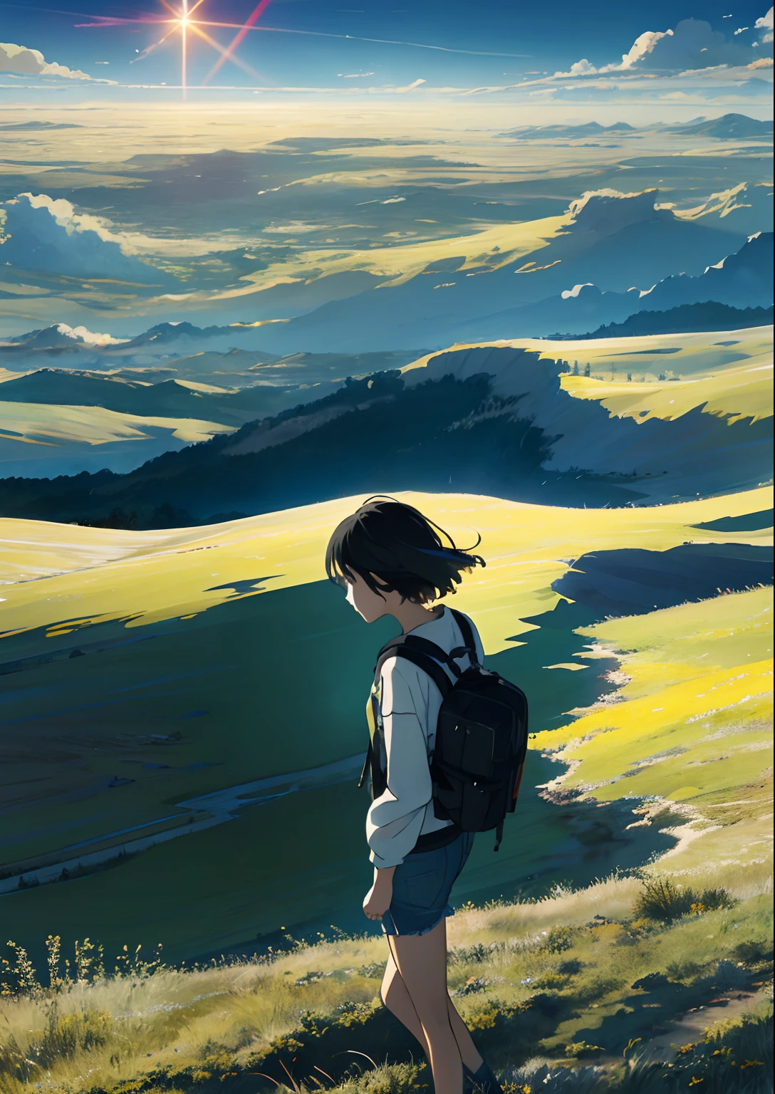 The Vast Sky, Beautiful skyline, Large grasslands, extremely tense and dramatic pictures, the moving visual effects, the high-hanging Polaris, and colorful natural light. A long-sleeved top, Denim shorts, And a black girl with a backpack.