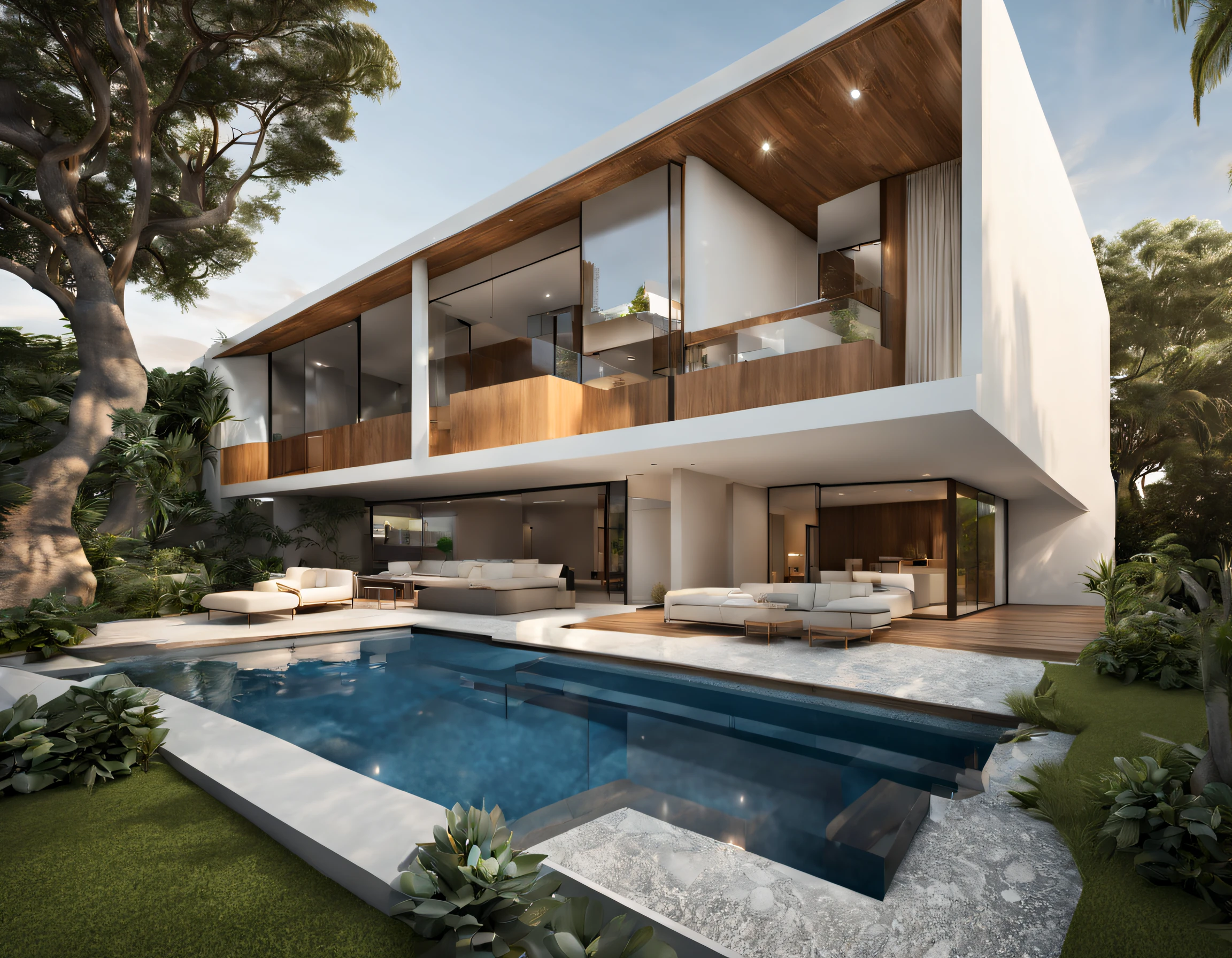 casa com dois pavimentos em vidro com piscina e jardim, etilo futurista, cores brnca e bege, com tons em madeira