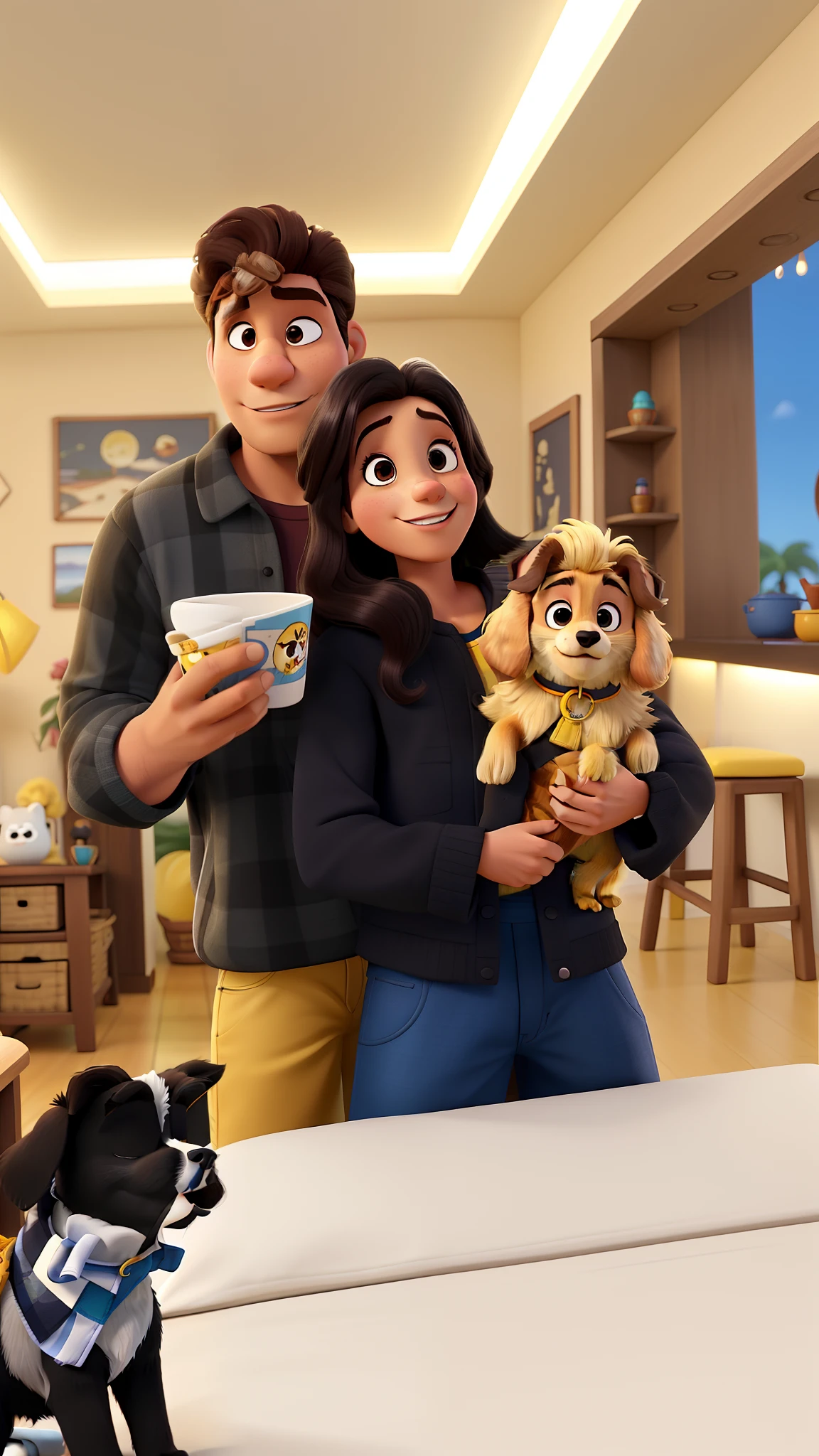 casal com homem de cabelo amarelo, mulher cabelo preto e cachorra tirando foto no espelho no estilo disney pixar, alta qualidade, melhor qualidade
