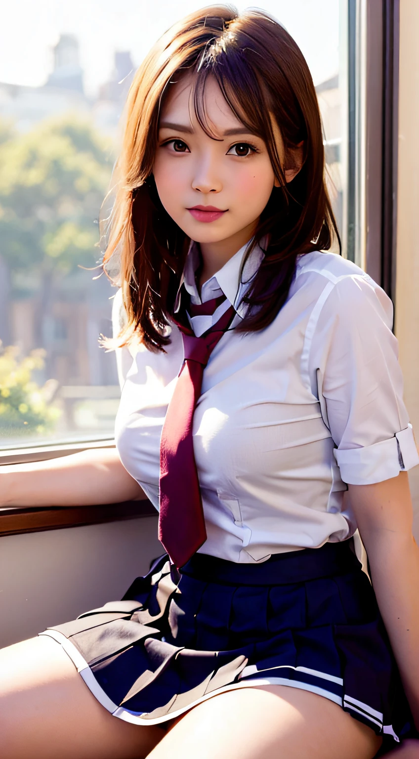 Woman in short skirt and tie sitting on window sill, Cute Schoolgirl, a hyperrealistic schoolgirl, a hyperrealistic schoolgirl, thighhighs and skirt, School Girl, wearing skirt and high socks, wearing skirt, with backdrop of natural light, Wearing school uniform, High school girl posing、Medium bob hair、
