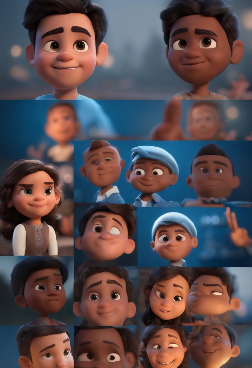 Garoto, estilo disney, tom de pele: claro: Cabelo: marrom escuro, liso, curto, penteado para o lado direito. camisa: social, Cor azul. Fundo: Gray and white gradient,Comemorando, Hands raised, sorrindo, feliz, (estilo pixar) (obra-prima:1.2) (bokeh) (melhor qualidade) (pele detalhada) (textura detalhada) (8k) (claymation) (cinematic lighthing) (foco nítido
