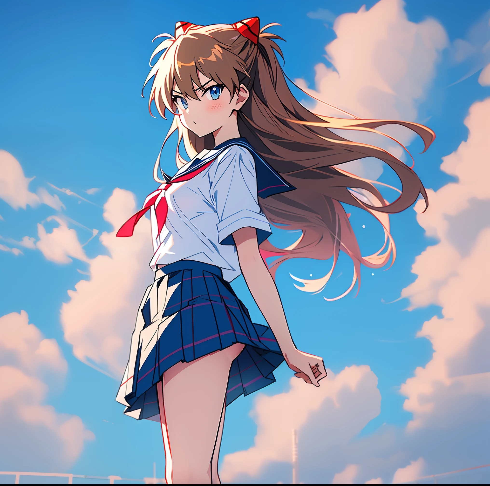 Niji style, masterpiece, best quality,solo, souryuu asuka langley,standing, v-shaped eyebrows,lookind at viewer,colorful, bright colors,school uniform,skirt,socks,anime coloring,1girl, from the side,long hair, breasts, bangs, blue eyes,brown hair