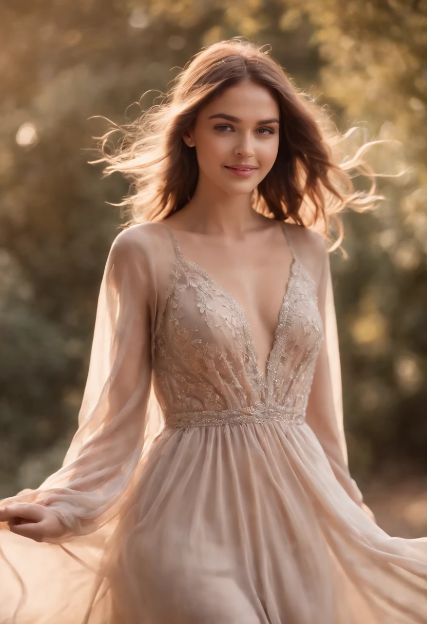 NSFW, Gorgeous young model wearing flowy sheer gown, beautiful natural morning light, smiling, joyous, twirling