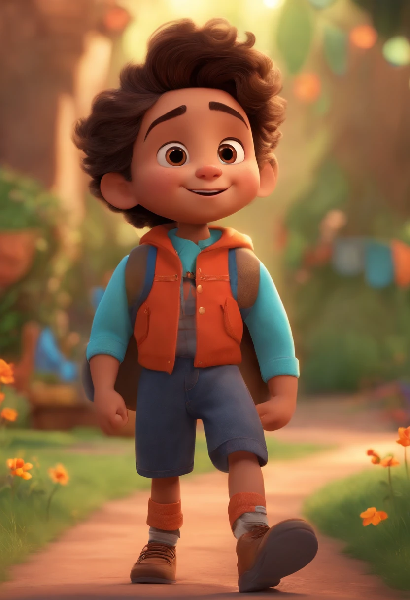 Image of a boy for a story in a YouTube video in Pixar format, He's the little allabester, He's the class leader, He's outgoing, Playful and gets up for a lot of things, cabelo curto