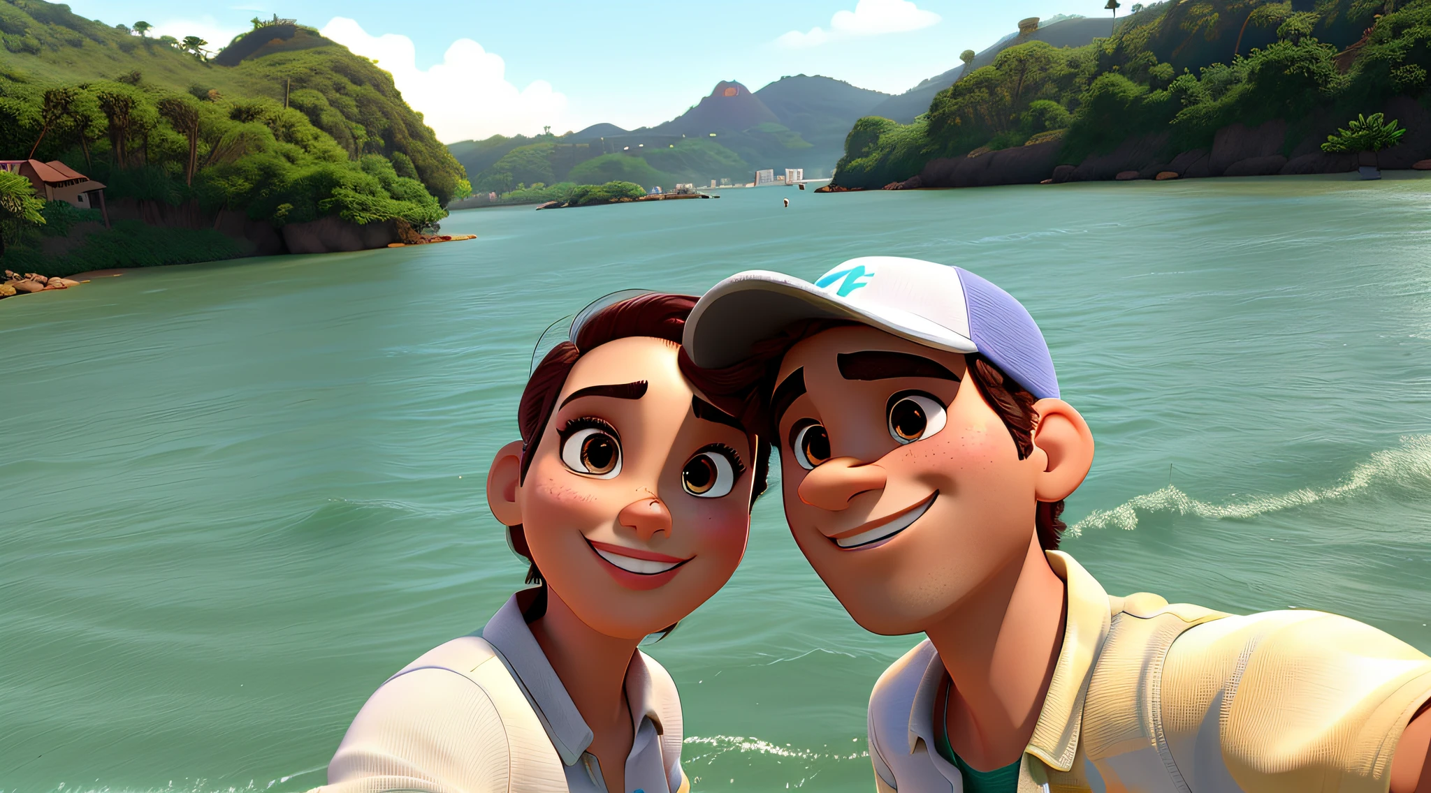 Um casal em um rio estilo disney pixar, alta qualidade, melhor qualidade