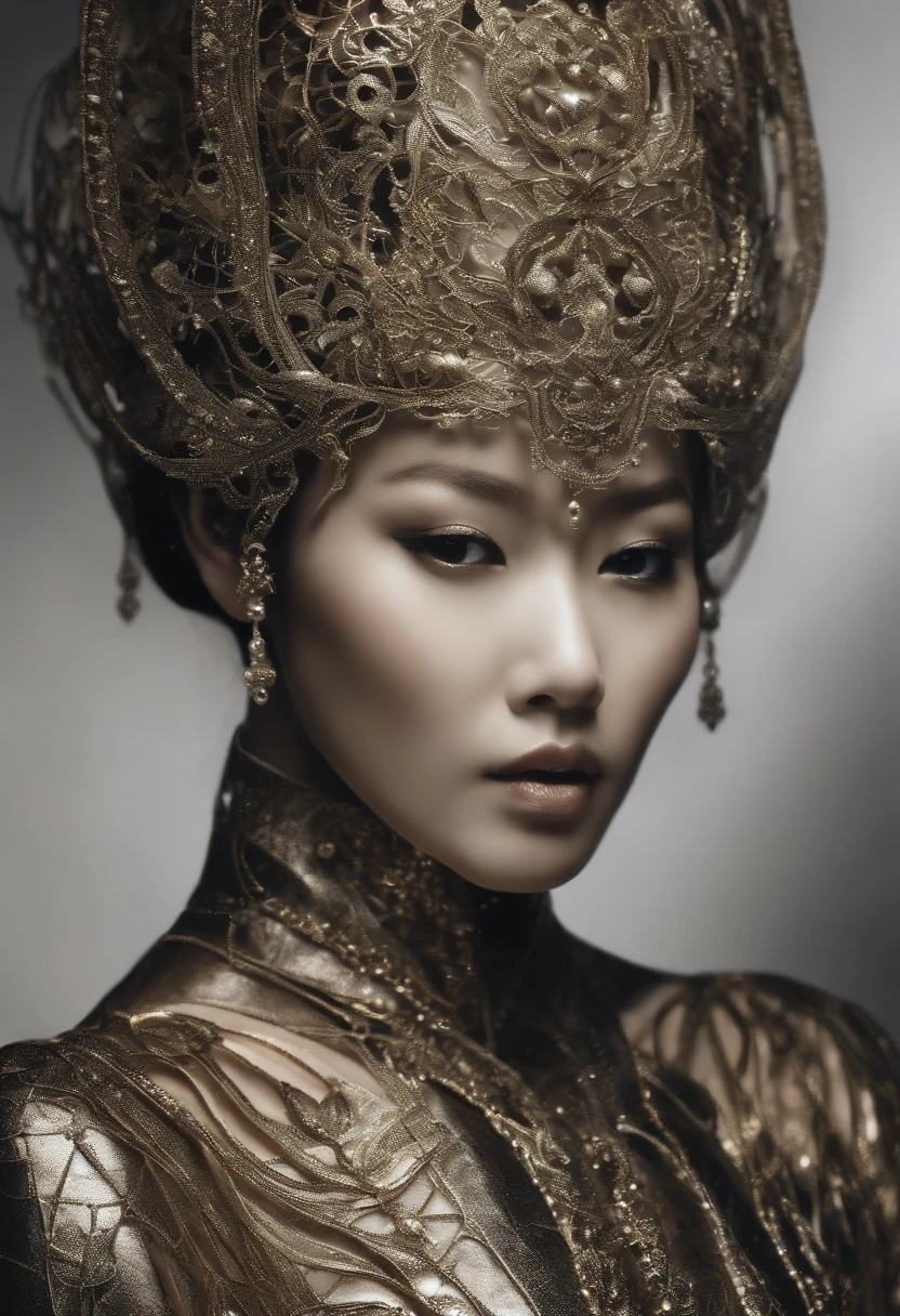 A mid-twentieth-old Japanese female portrait photograph made of white and silver transparent glass and plastic, maquiagem de gueixa, Penteado preto, Mecanismos internos do corpo do metal de prata e ouro, dynamic pose, Organic building flowing, gravura detalhada, Desenhos de rendas, Circuito dourado brilhante, acabamento neon colorido, gravura detalhada, Desenhos de rendas, circuitos brilhantes, neon trim, arte por H.r. Giger, Greg rutowski