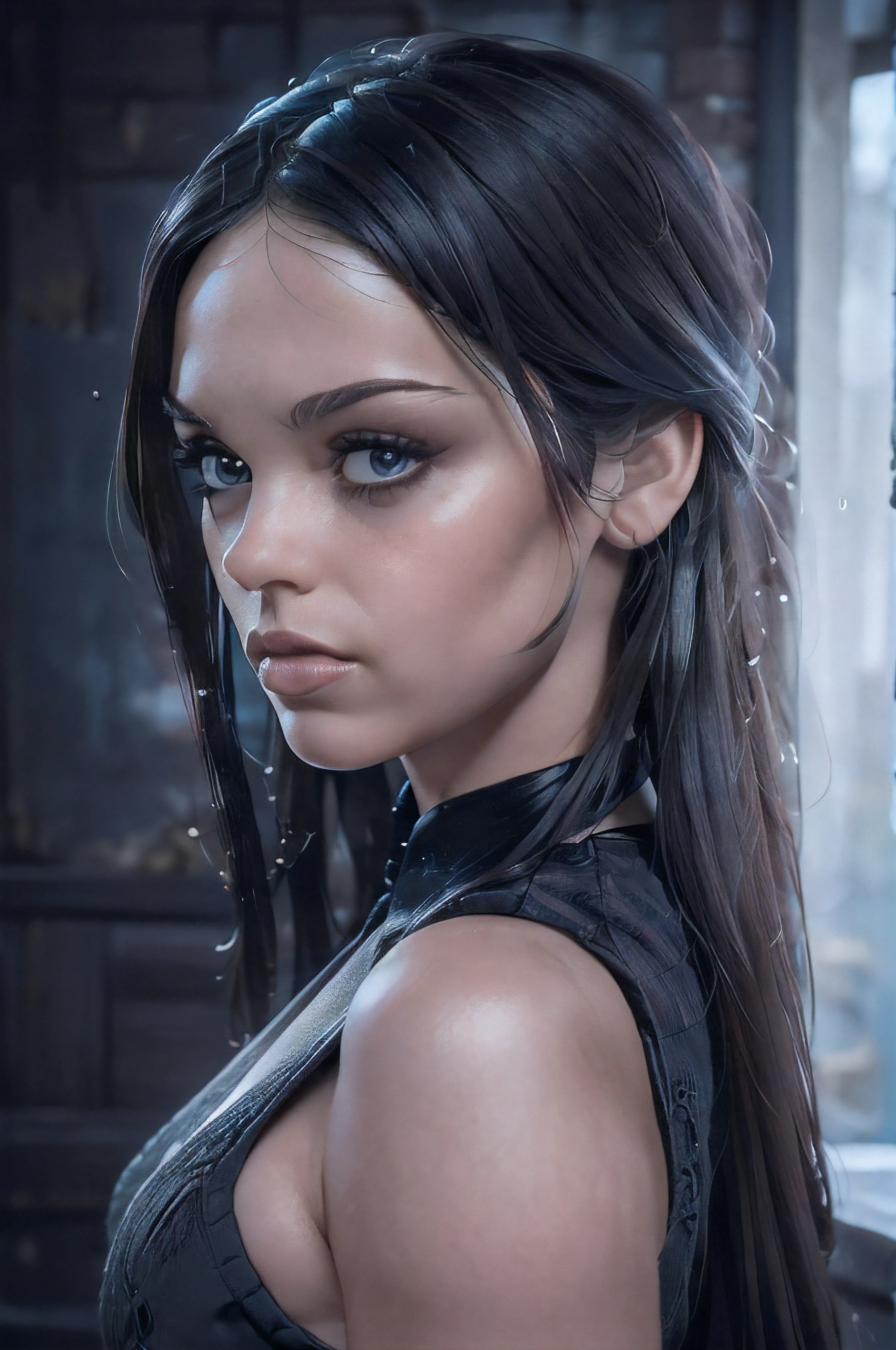 (Masterpiece:1.2, best quality, 4K, 8K, high res, ultra-detailed, photorealistic:1.37), dynamic, action-filled background, Wednesday Addams cosplaying as Black Widow, detailed eyes, detailed lips, enigmatic expression, sexy but dangerous, in the pouring rain