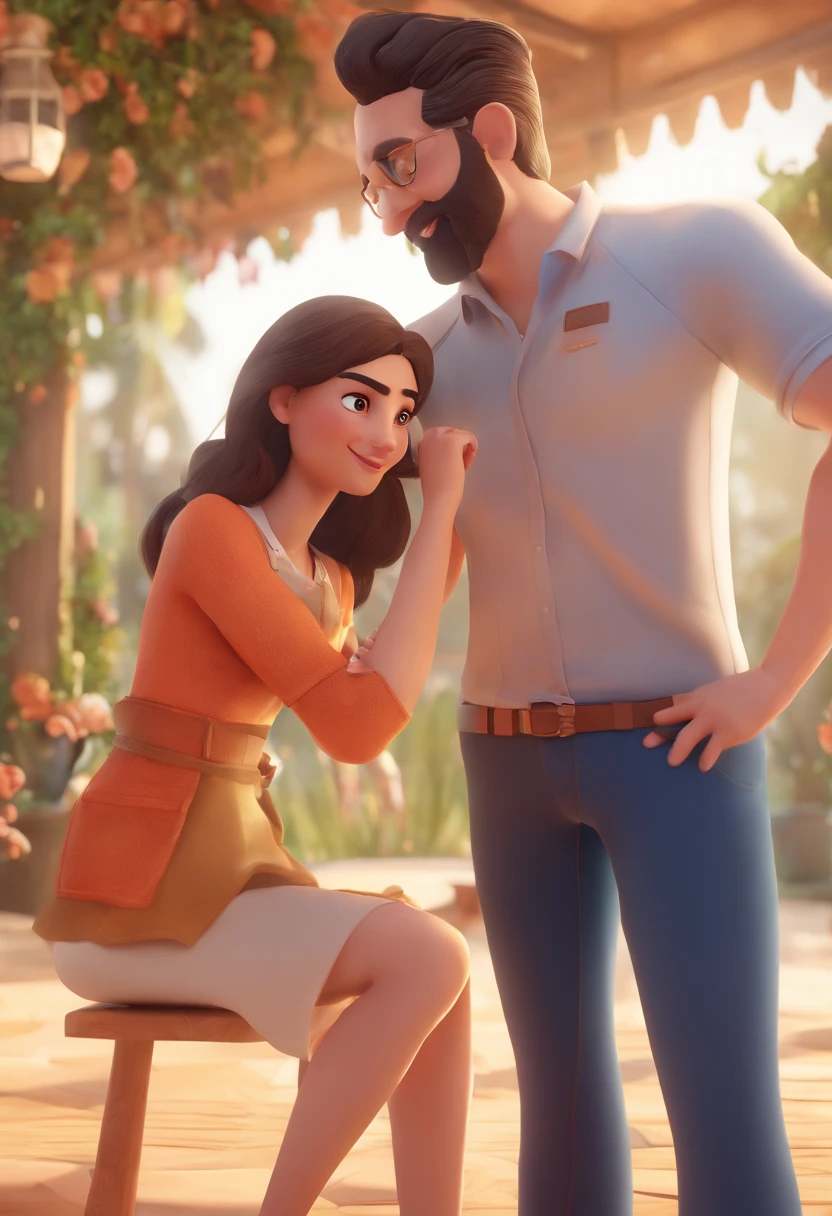 An illustration of an adorable couple, Destacando um homem e uma mulher com beleza, Expressive eyes – the man's hair is bald and brown and he has a full beard, While the woman's hair is tied up in a bun and blonde. They are a bright space, Todos com um sorriso no rosto, e compartilhe um momento especial, That is marked by love, viagem, and pedagogical insights. Ilustre esta cena a partir de uma perspectiva, where they're facing away from the camera, Show Your Connection. Desenvolva esta arte em Full HD, Focus on your cinematic touch, Estilo Disney Pixar Animations