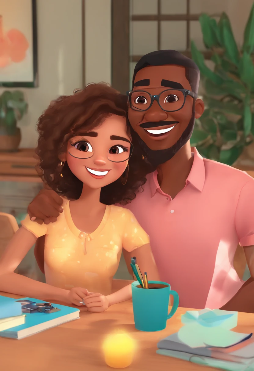 An illustration of an adorable couple, Highlight for a chubby mulatto man with glasses smiling and a brunette woman with beautiful expressive eyes - the man's skin is mulatto and the man's hair haswhile the woman's skin is black and the woman's hair is straight and brown. They are a bright room, cada um com um sorriso no rosto, e compartilhar um momento especial caracterizado pelo amor, Insights. Illustrate this scene from a perspective where they are facing the camera, Smiling and Showing Your Connection. Desenvolva esta arte em Full HD, Focus on your cinematic touch, Estilo Disney Pixar Animations