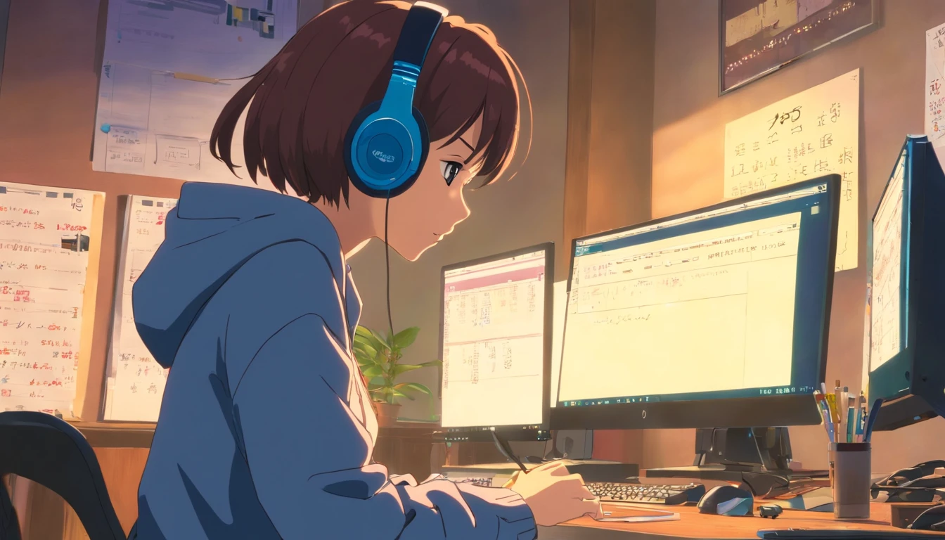 Woman sitting at desk,with headphones on, screenshots from movies, still frame from a movie, movie screen shot, movie still frame, Scene from Movie, in front of a computer, cinematic Film still from, film stills promotional images, lofi-girl, bang olufsen, sitting in front of the computer, film movie still
