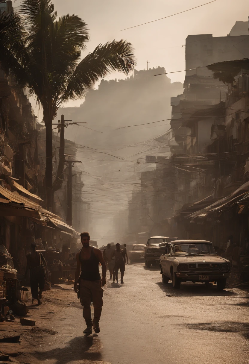 create people walking in an open-air market, Mad Max style, city in earthy tones, the city has signs in Portuguese, the city is in Rio de Janeiro, in Copa Cabana, there is no water or plants in the image. the city is in a cyberpunk future, there is rubble of destruction. the city is after the 3rd world war. large shops on the street, futuristic Mad Max style cars, several people on the street, postcard of the river in the background. Destroyed Christ the Redeemer seen from the street. postcard images of the river in the background. rubble in the street, dense smoke from pollution. There are no plants shown in the background or in the image. dense pollution. dust mist. image of sugar loaf in the background. tangle of power wires on street lamps. many power wires in the upper area of the image. use cars from the years 2022