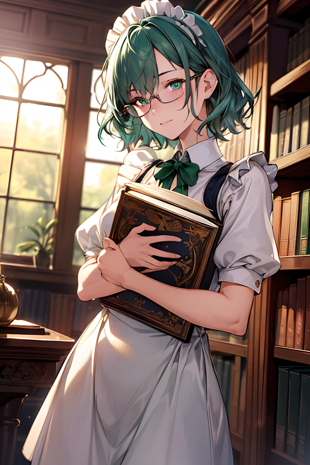 {{​masterpiece,hight resolution,Best Work}},top-quality,Ultra-detailed CG Unity,sensitive,8k wallpaper,lensflare, (Detailed beautiful eyes),a 20 yo woman,Particle,Short hair with very short wavy hair, Cool Face,Glasses with silver frame,Golden Eyes,Small pupils,green and blue hair,Big,Bursting milk,Classic Maid Clothing,Holding a book,Antique-style library,Take a book from the bookshelf,(full bodyesbian),