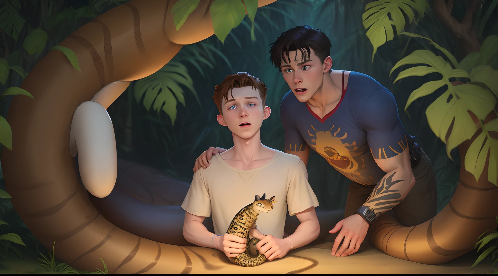 Tom Holland hypnotized and constricted by Kaa from The Jungle Book