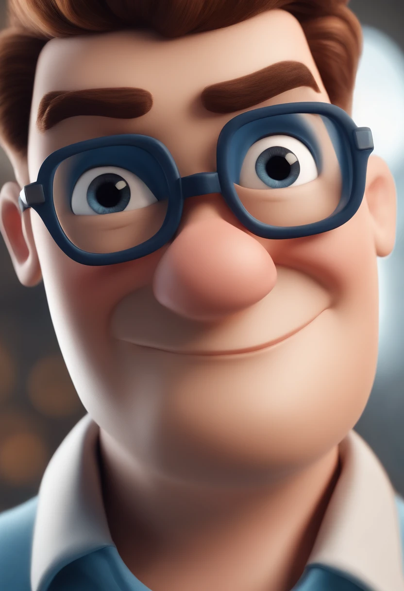 Cartoon character of a man with black glasses and a blue shirt, animation character, Caractere estilizado, animation style rendering, 3D estilizado, Arnold Maya render, 3 d render stylized, toon render keyshot, Personagem 3D, Personagem 3D, 3d rendering stylized, 3 d character render, personagem de desenho animado, Personagem de close up, Pose de personagem,  (Estilo Pixar) (master part:1.2) (Bokeh) (best quality) (pele detalhada) (textura detalhada) (8k) (argila) (Cinematic lighting) (foco nítido