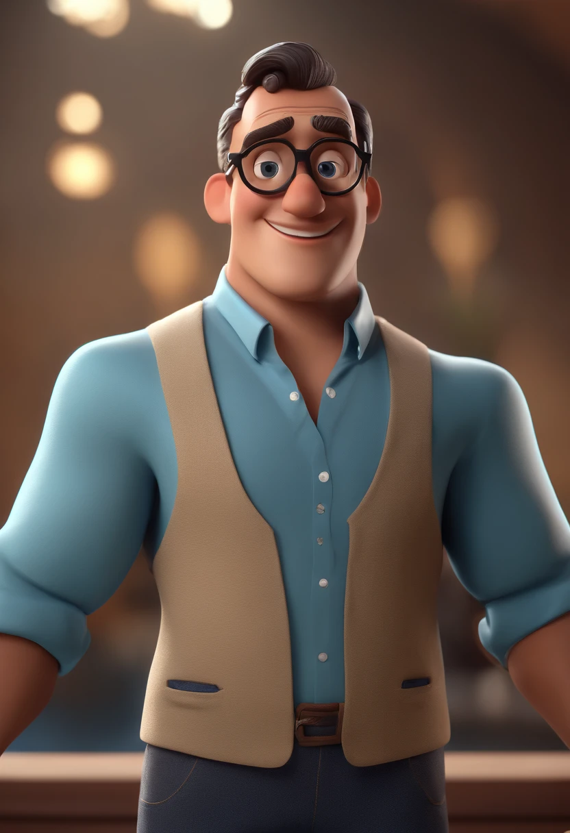 Cartoon character of a man with black glasses and a blue shirt, animation character, Caractere estilizado, animation style rendering, 3D estilizado, Arnold Maya render, 3 d render stylized, toon render keyshot, Personagem 3D, Personagem 3D, 3d rendering stylized, 3 d character render, personagem de desenho animado, Personagem de close up, Pose de personagem, (Estilo Pixar) (master part:1.2) (Bokeh) (best quality) (pele detalhada) (textura detalhada) (8k) (argila) (Cinematic lighting) (foco nítido