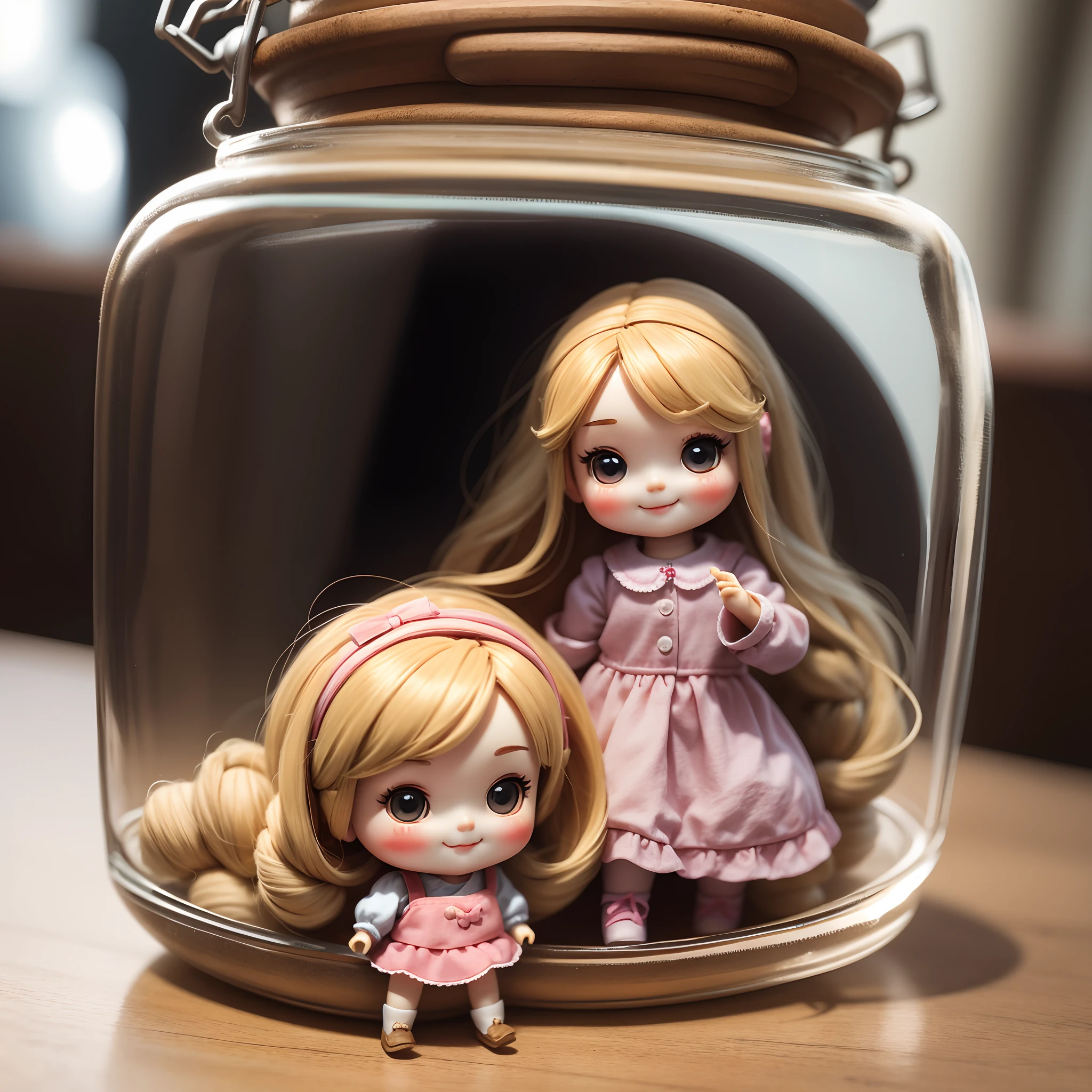 There is a small doll in a small jar、It's a cute pose.、a smile