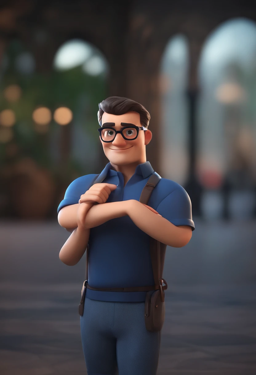 Cartoon character of a man wearing black glasses and a blue shirt, um personagem animado, Caractere estilizado, animation style rendering, 3D estilizado, Arnold Maya render, 3 d render stylized, toon render keyshot, Personagem 3D, Personagem 3D, 3d rendering stylized, 3 d character render, personagem de desenho animado, Personagem de close up, Pose de personagem, (Estilo Pixar) (master part:1.2) (Bokeh) (best quality) (pele detalhada) (textura detalhada) (8k) (argila) (Cinematic lighting) (foco nítido,Senta e vaza a parte superior do corpo
