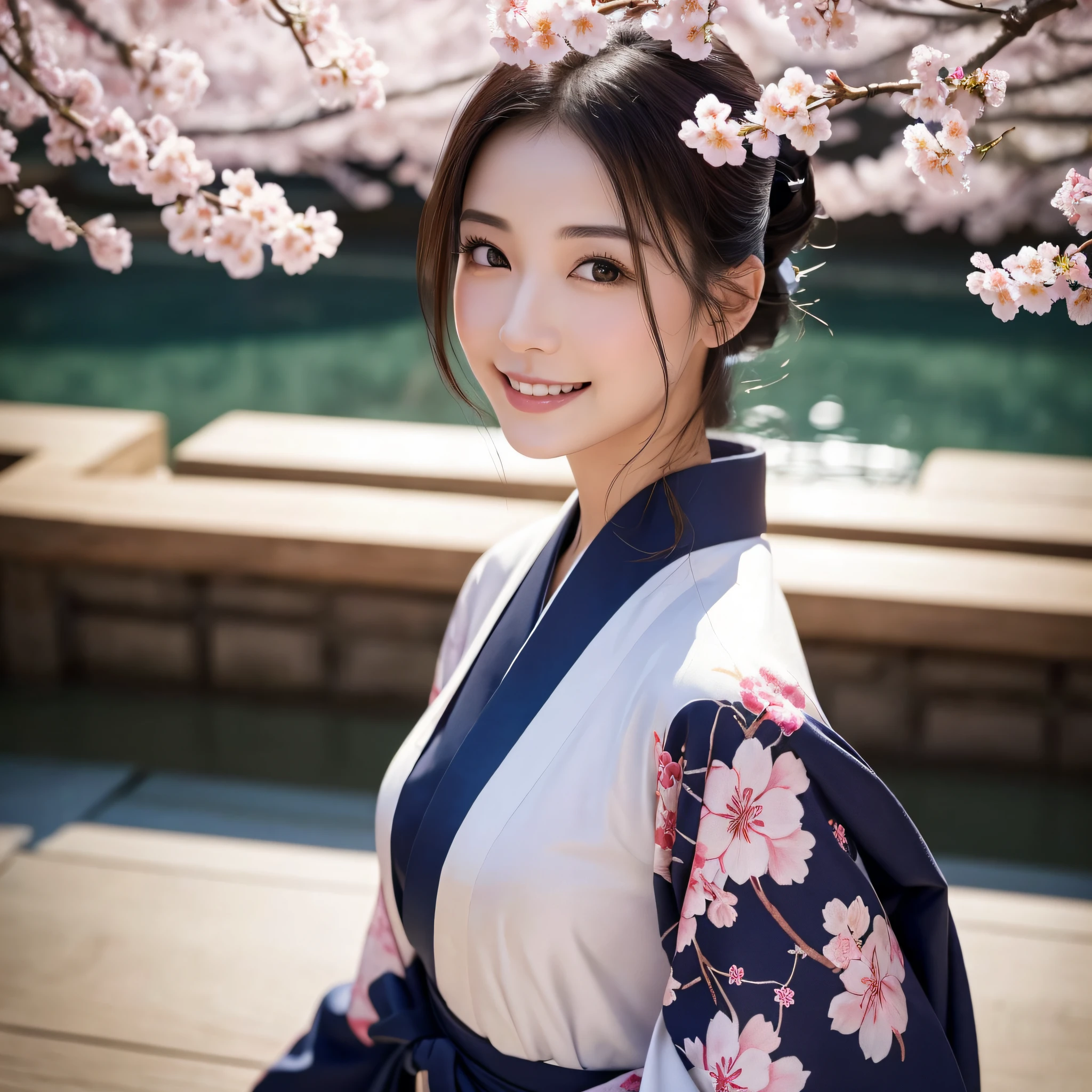 (Super beautiful woman in kimono)、((best qualtiy、8k masterpieces:1.3))、foco nítido:1.2、(ultra beautiful faces:1.0)、(shinny skin:1.0)、photos realistic、A dark-haired、Video Lighting、High-definition eyes and face、Video Lighting、Japanese actressl、from the front side、medium breasts、With a happy smile、Slender Abs Beauty、Whole body、wearing kimonos、cherry blossom in full bloom