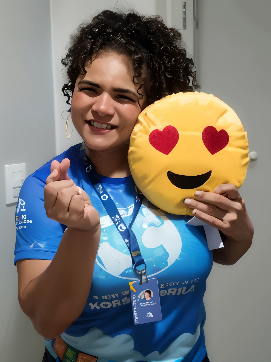 Smiling woman holding a smiling face pillow with a heart on it, Parece Fabiula Nascimento, Karla Ortiz, andrea rocha, Mulher de 30 anos de Cuba, Malika Favre, fernanda suarez, imagem de perfil, Sandra, LinkedIn, belos arredores, In Sao Paulo, Alanis Guillen, assumindo o controle enquanto sorri