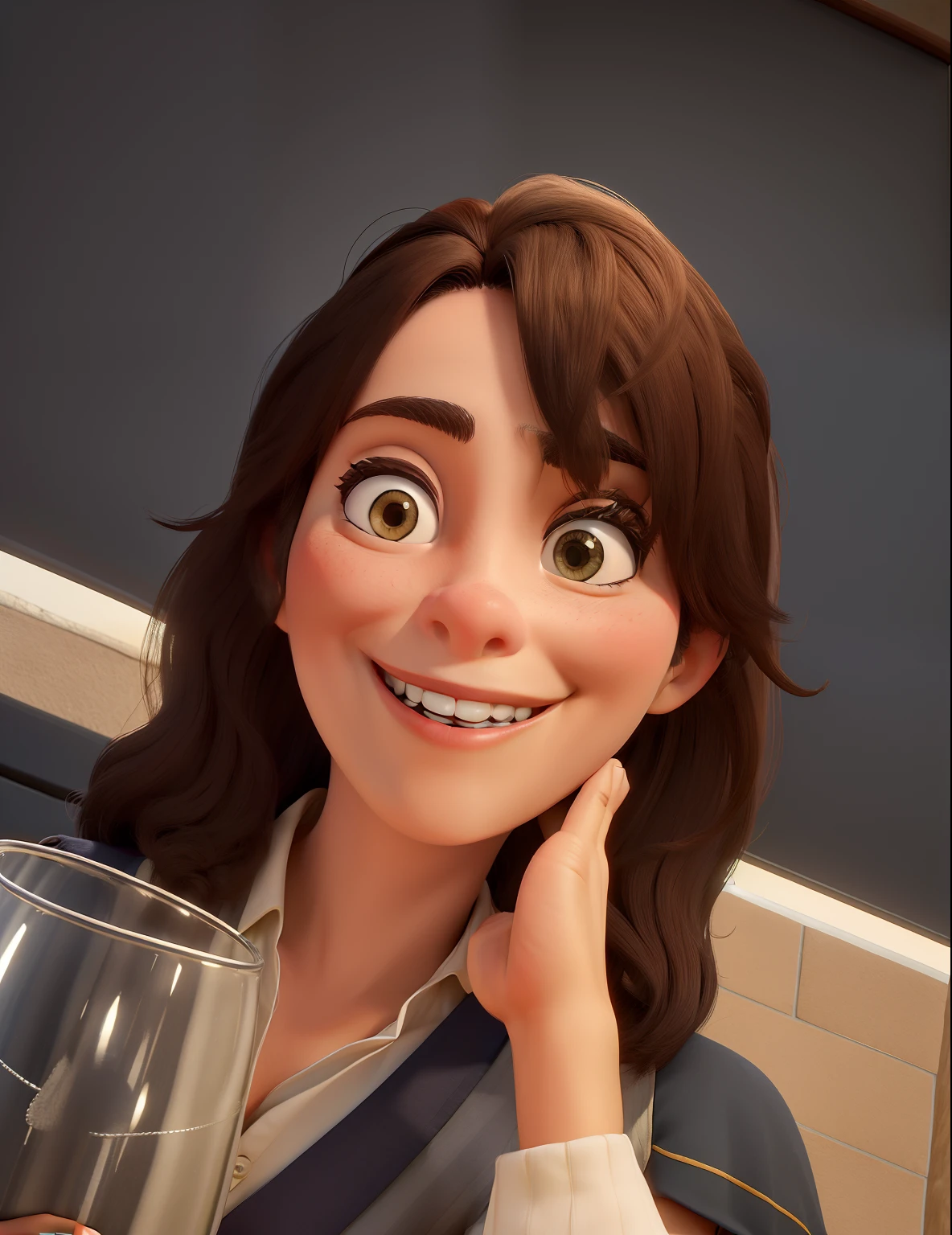 Obra-prima, de maior qualidade uma mulher de 40 anos , muito branca,com cabelo liso e ppreto , franja, de estatura corporal baixa , sorriso bonito e com seios avantajados