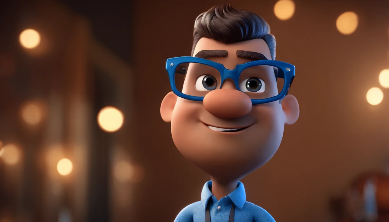 Cartoon character of a man with black glasses and a blue shirt, animation character, Caractere estilizado, animation style rendering, 3D estilizado, Arnold Maya render, 3 d render stylized, toon render keyshot, Personagem 3D, Personagem 3D, 3d rendering stylized, 3 d character render, personagem de desenho animado, Personagem de close up, Pose de personagem, (Estilo Pixar) (master part:1.2) (Bokeh) (best quality) (pele detalhada) (textura detalhada) (8k) (argila) (Cinematic lighting) (foco nítido