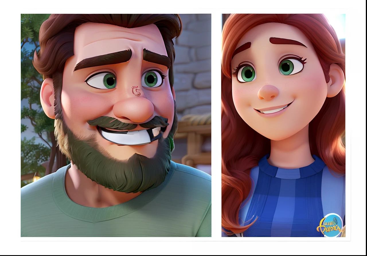 casal homem e mulher no estilo Disney Pixar,homem branco com barba e sorriso e mulher branca e ruiva de olhos verdes, alta qualidade, melhor qualidade