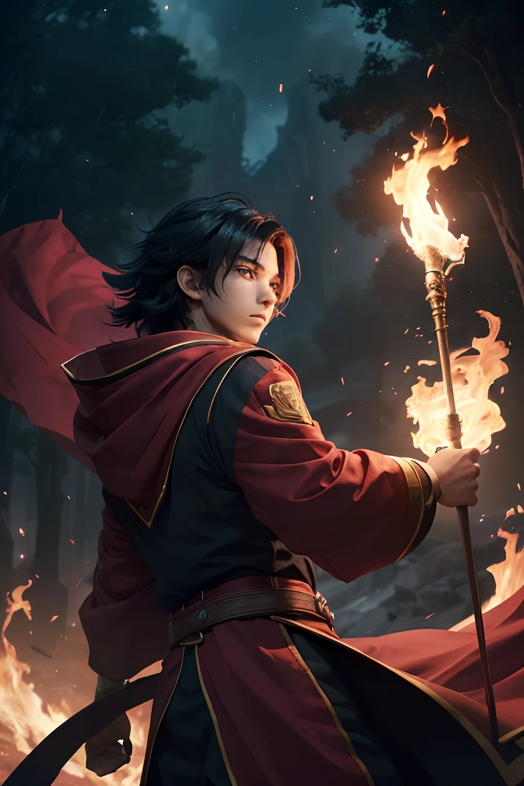 (Um jovem bruxo:1.2), (com chamas girando ao seu redor:1.2), (Renderizado em um estilo de anime:1.2), (Captured with a high-resolution camera:1.2), (conveying the young wizard's magical prowess as he controls fire in an anime-inspired setting:1.1), (creating an image that showcases the dynamic and enchanting nature of their powers in the unique anime style:1.1).