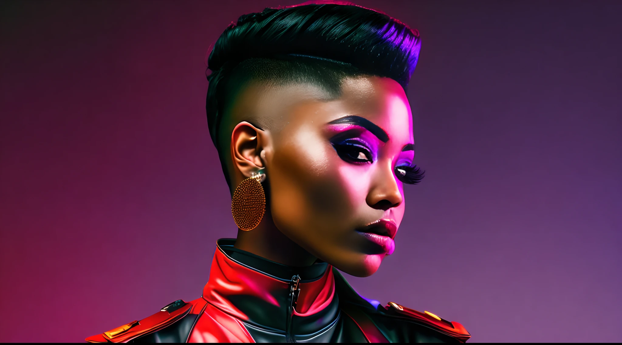 an AFRICAN woman a pair of glasses, Tapered hair, well cut, well shaved on the sides and back, style, a crazy piece in the 90s piece, brincos, Colorful Trackextura latex jacket, glamour da cor do retrato, retrato colorido detalhado, retrato de alta qualidade, cor neon sangrar, Retrato colorido, color studio portrait, cores ultravioleta e neon, full-colour illustration, cores vibrantes hiper realismo, cores neon vibrantes, pop e cores vibrantes, moda colorida, cor neon, cor estilo cyberpunk, iridescent illustration(best quality,alto,ultra-detalhado,Realistic:1.37),retrato,personagem feminina,red latex military jumpsuit,(encaixe apertado,recuado,preciso,elaborar),Solid Bottom Shaved Side Hair Short Top, corte de cabelo preto pixie undercut, cabelos naturais, cabelos cacheados e curtos, laterais raspadas, short hair on sides of head, cabelo preto curto com gel, corte de cabelo de cortina curta preta, cabelo curto preto encaracolado, contornos definidos suaves