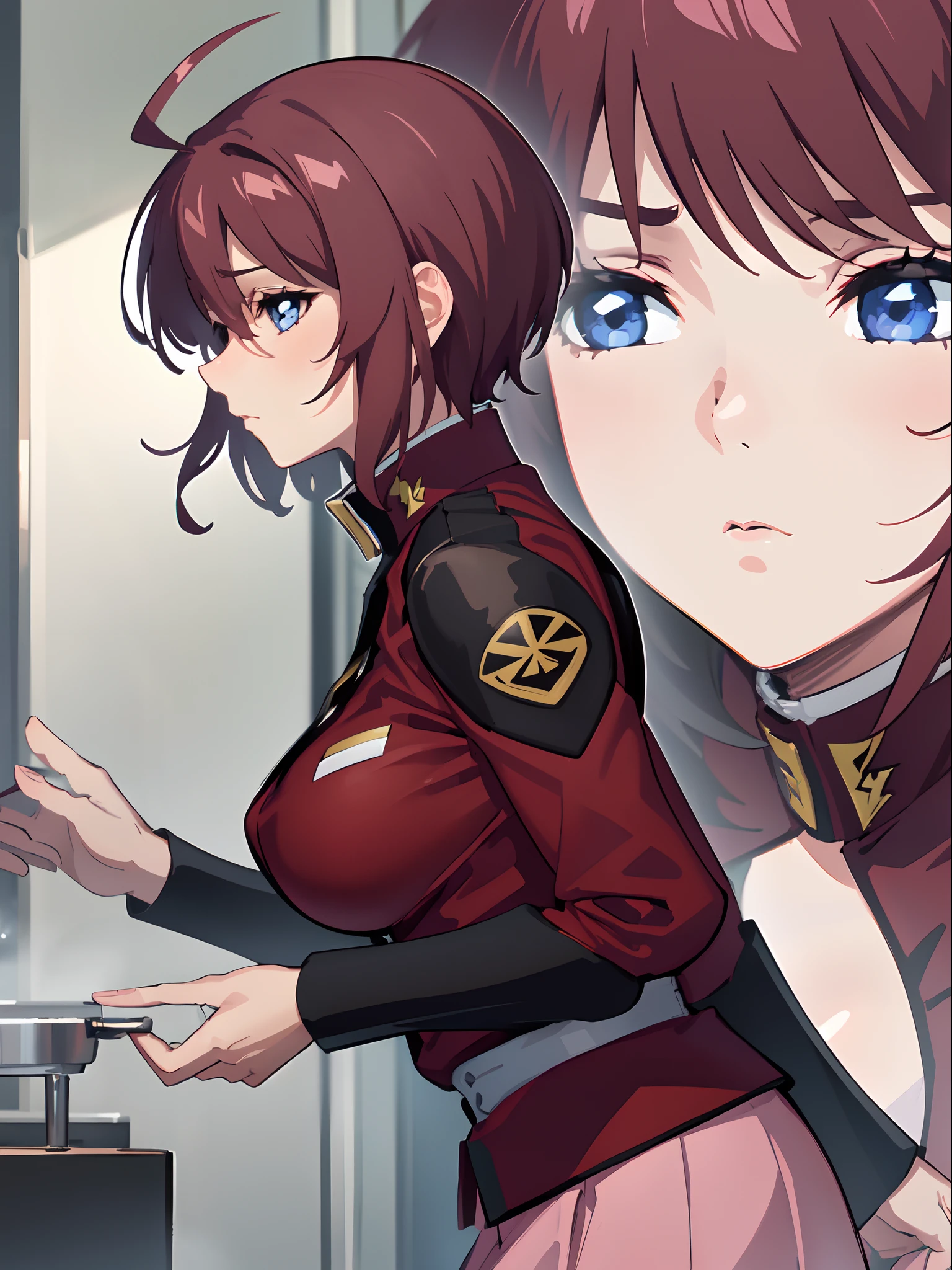 ((masterpiece)), ((best quality)), ((ultra detailed)), 8K, 16K, detailed beautiful face, detailed beautiful eyes, sl1, 1girl, short hair, red hair, ahoge, long sleeves, military uniform, pink skirt, large breasts, expressionless, hands front, laboratorium, viewed from side