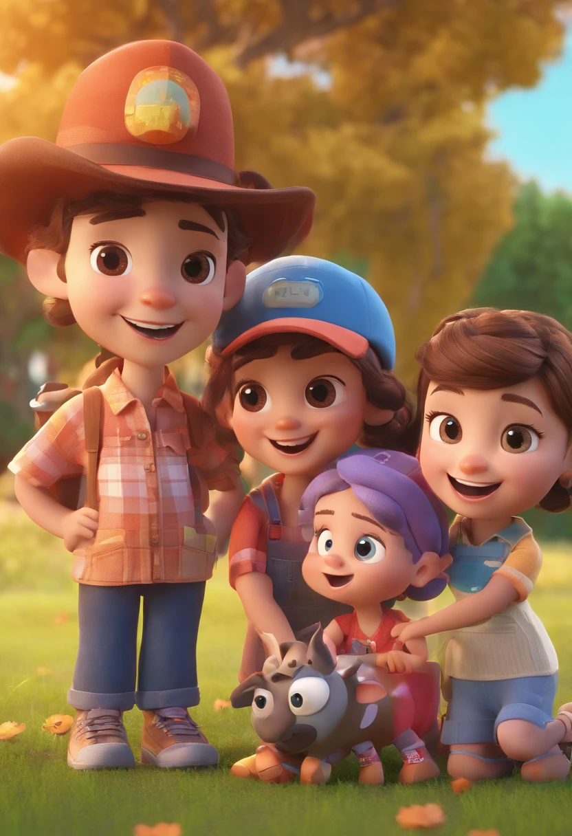 Estilo Pixar: Familia, Um pai, A mother and two girls. Uma menino de 6 anos e outro de 2 anos . Uma fazenda com vacas lindas e marrom .