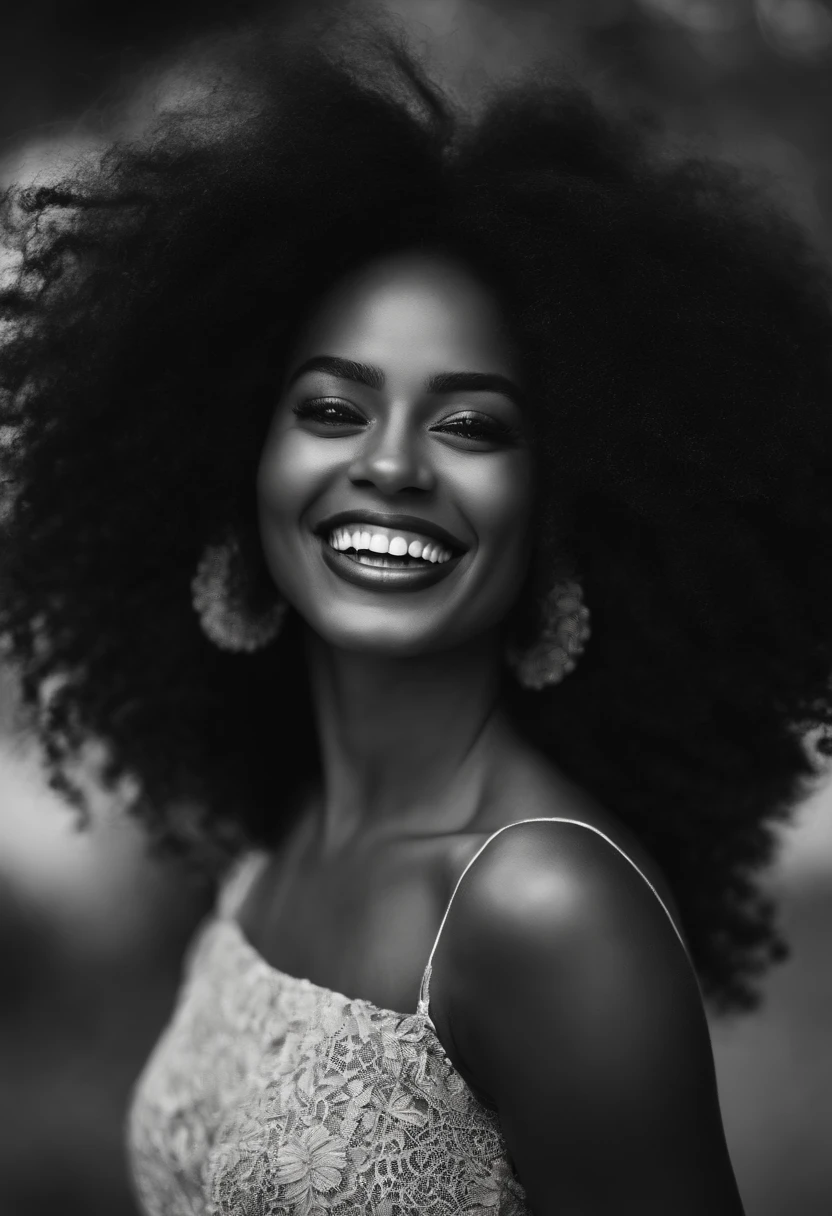 Uma mulher negra, sorridente, cabelos curtos cacheados, Rosto redondo, sorriso encantador, e olhos castanhos,
