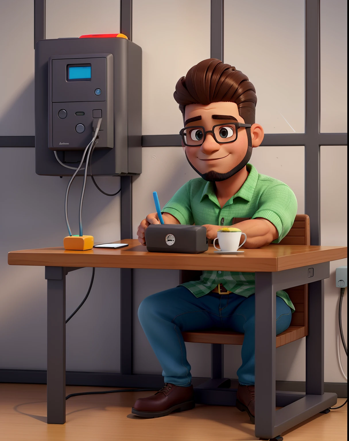 Um magro de cabelo cortado, moreno em volta de uma bancada de eletronicos de 1,75 altura, feramentas na bancada, fundo oficina de eletrica