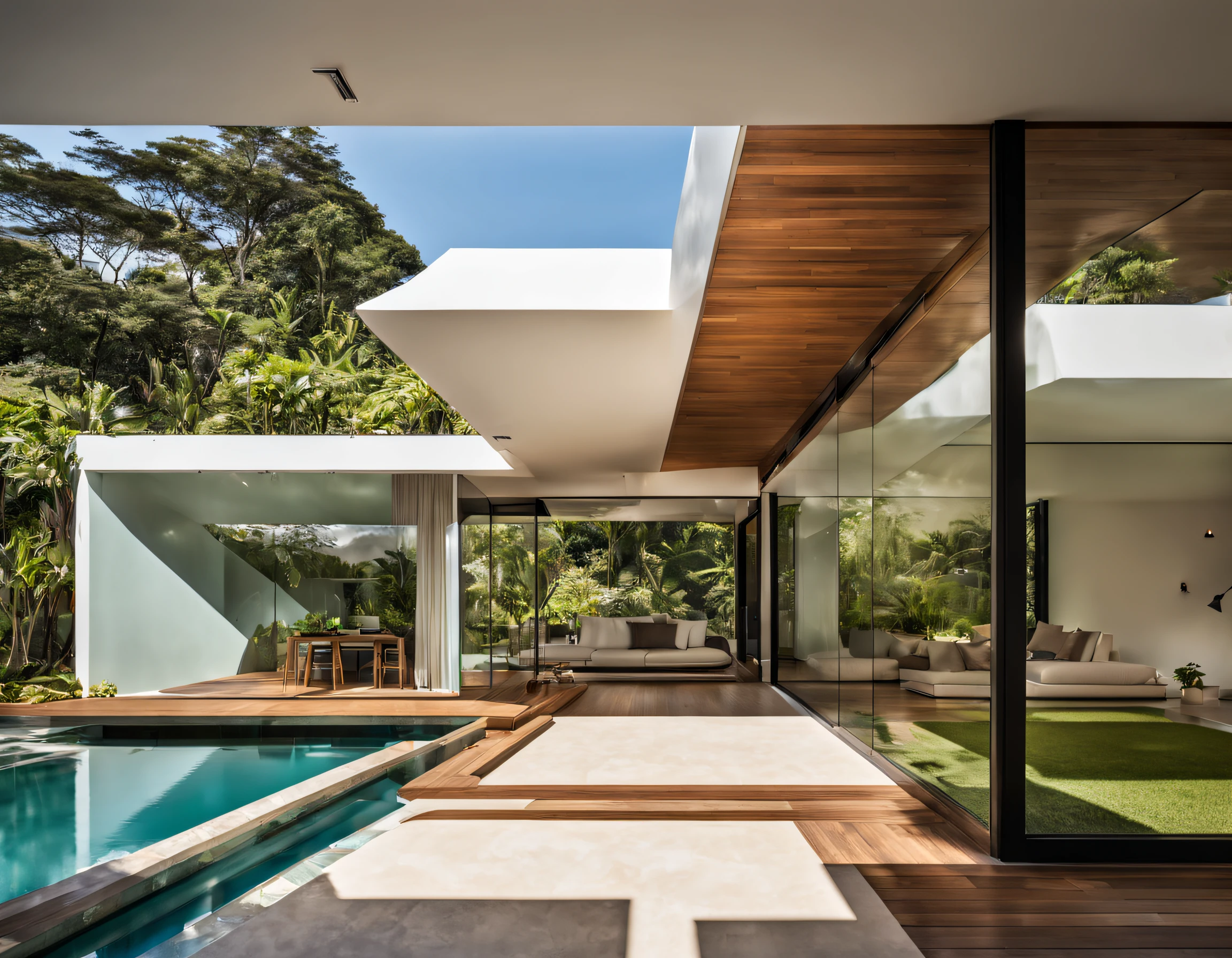 casa com dois pavimentos em vidro com piscina e jardim, etilo futurista, cores brnca e bege, com tons em madeira