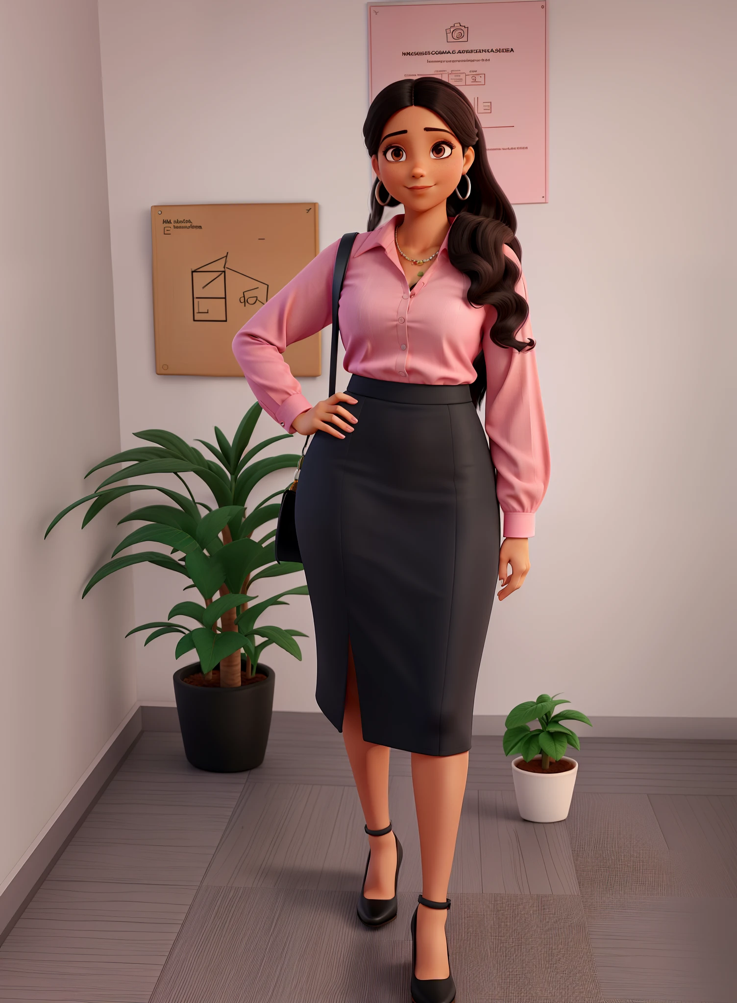 mulher de camisa rosa e saia preta posando para foto, office clothes, Karla Ortiz, vestido preto e rosa, business attire, Business Clothes, pencil skirt, foto da roupa, business outfit, rosa e preto, usando roupas simples e apertadas, cintura alta-saia-preta, saia rosa, imagem de corpo inteiro, rosa quente e preto, Pose de corpo inteiro